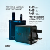 Arizone R-16 Fast Charger | 45W 1 USB + 2 Type-C | Single & Triple Port Charging