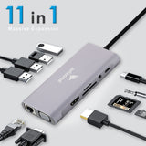 موزع USB T-1101 من Arizone® (11 في 1) 1*USB 3.0/3*USB 2.0/HDMI/RJ45/VGA/USB C PD/SD TF/3.5 مم بسرعة 100 ميجابت في الثانية