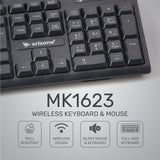 مجموعة لوحة المفاتيح والماوس اللاسلكية Arizone® MK-1623 مجموعة لوحة المفاتيح والماوس اللاسلكية المدمجة لنظام التشغيل Windows، متوافقة مع أجهزة الكمبيوتر الشخصية وأجهزة الكمبيوتر المحمولة - أسود