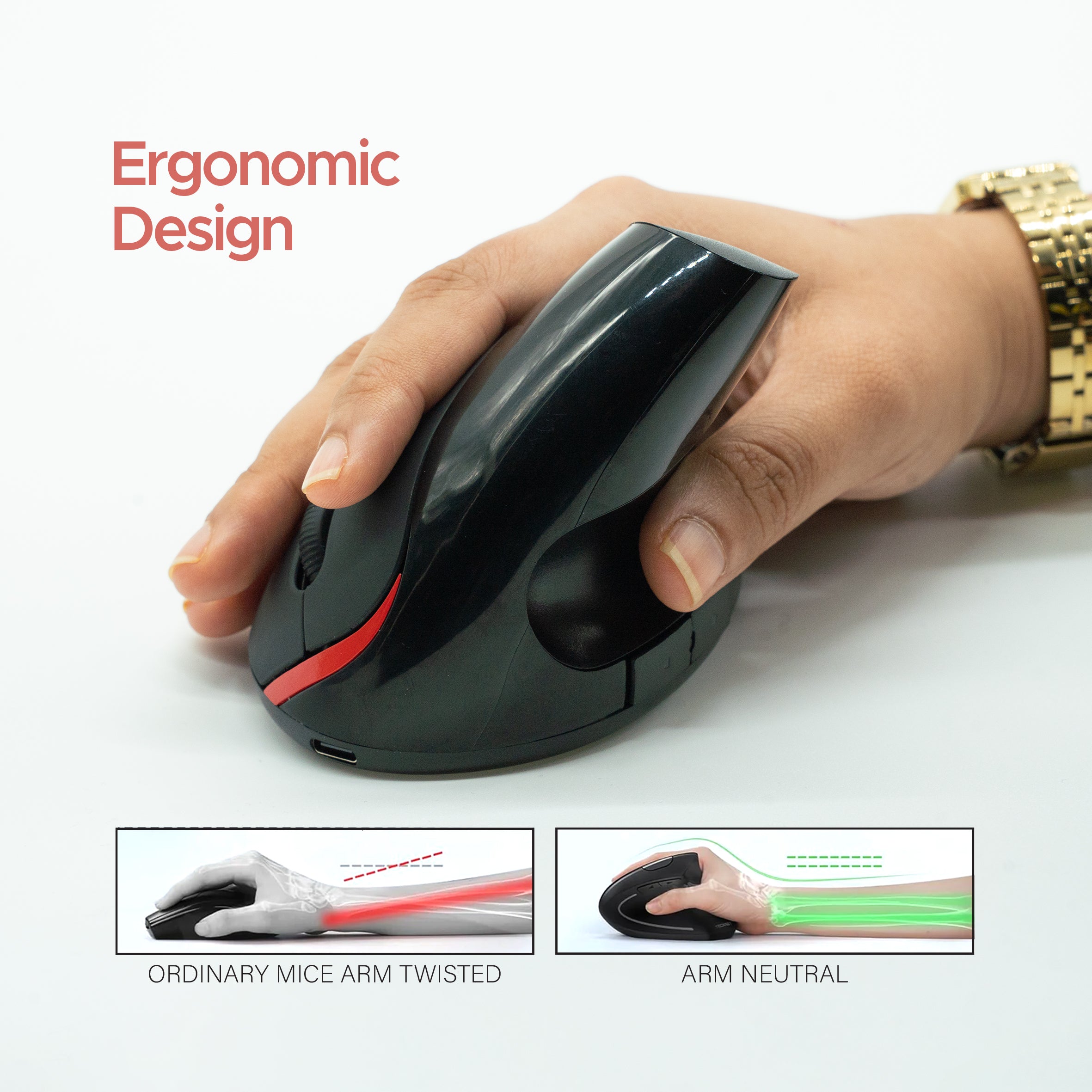 Arizone Vertical Ergonomic Mouse, 5 Buttons Wireless Mouse with Adjustable DPI, Forward & Backward Buttons, Custom Button, Type-C Rechargeable – For Laptop & PC