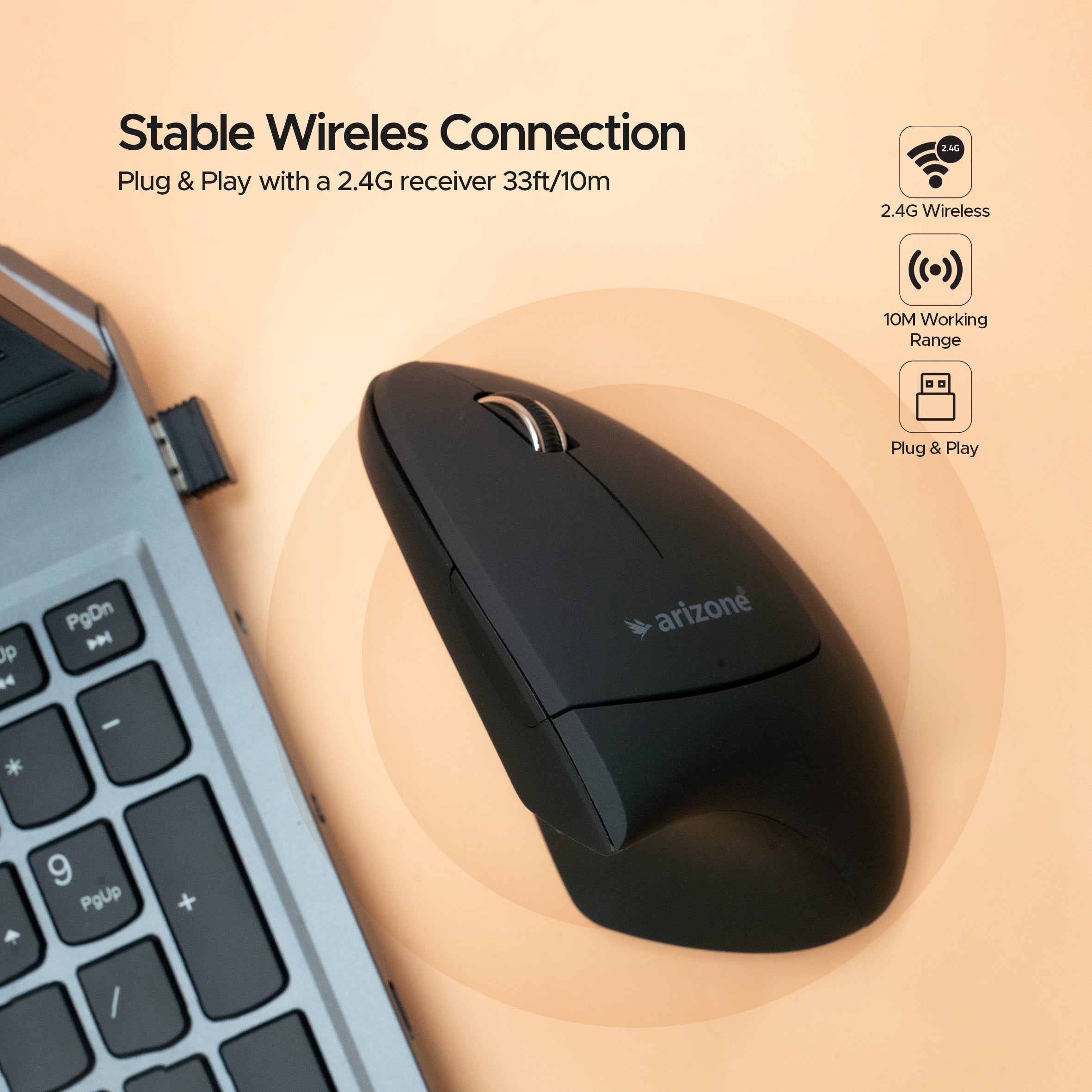 Arizone Vertical Wireless Mouse, Ergonomic 6-Button Mouse with Adjustable DPI, Type-C Rechargeable Silent Mouse for Laptop & PC