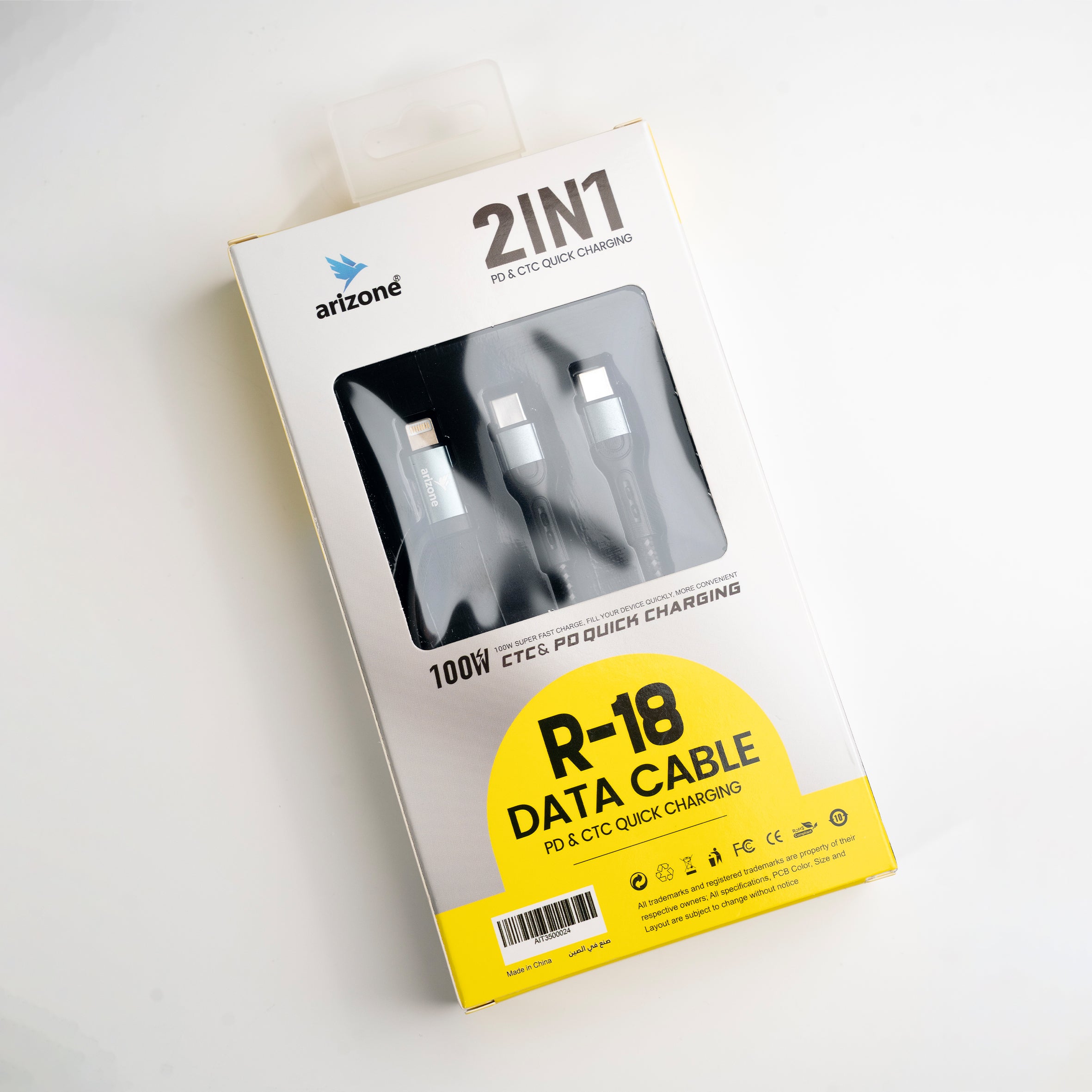 Arizone R-18 2-in-1 Charging Cable 1.2M | 100W Fast Charge | USB-C + USB-C/Lightning