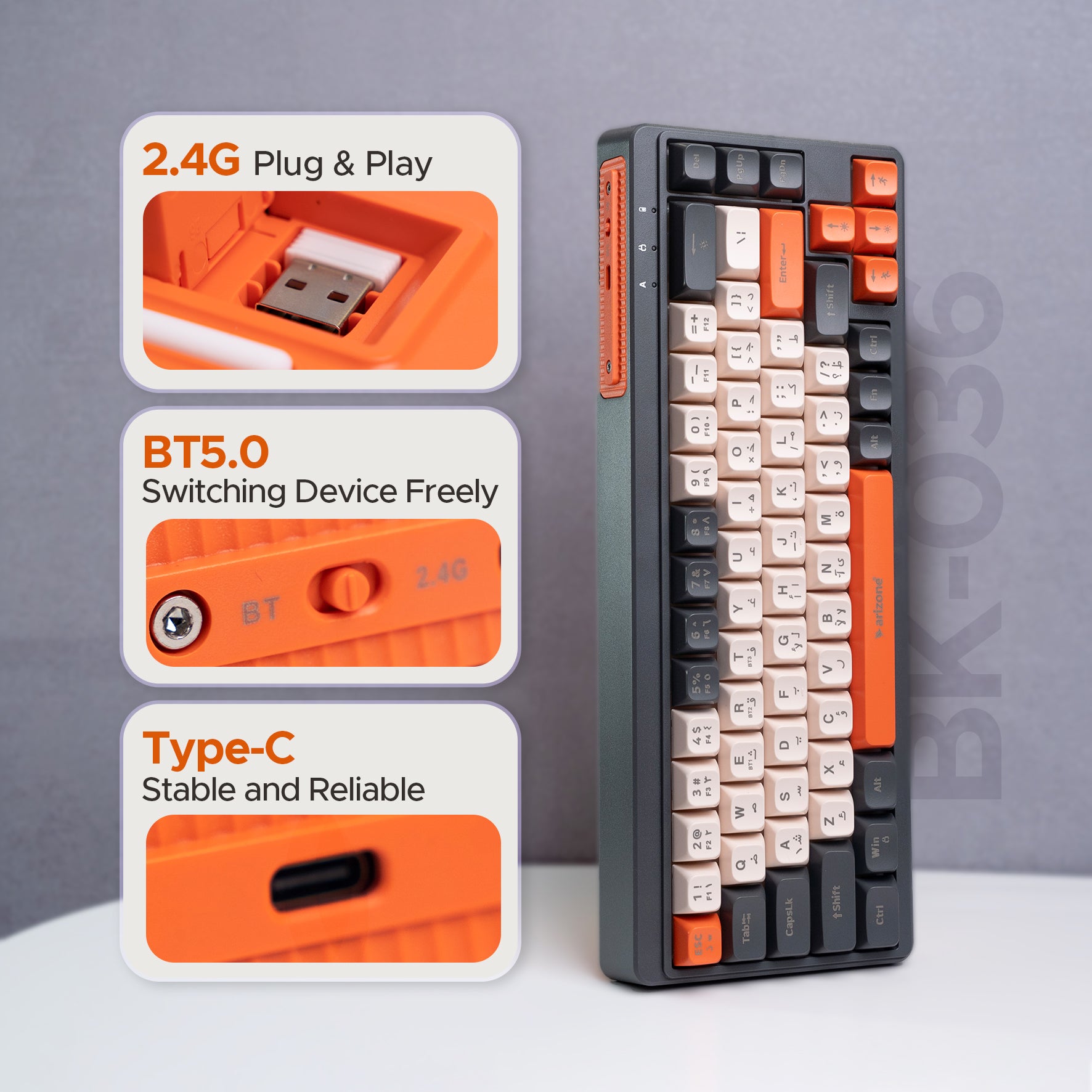 Arizone BK-036 Wireless Keyboard, Dual Mode Bluetooth 5.0 & 2.4GHz, Type-C Rechargeable Backlit Keyboard, Slim Design for Laptop, PC & Tablet – English/Arabic Layout Secondary image