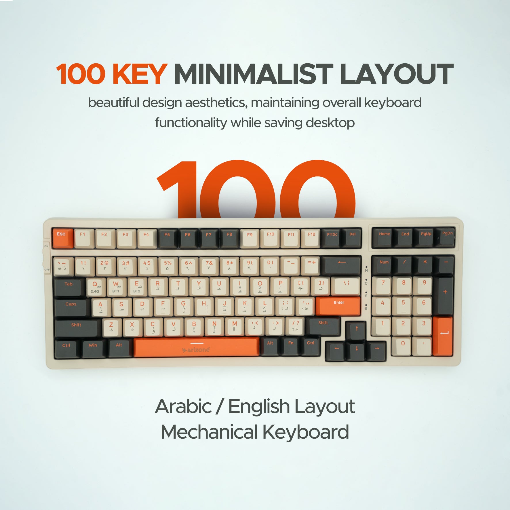 Arizone BK-035 2.4GHz Wireless Keyboard – English/Arabic Layout – Swappable Keycaps – Replaceable Battery – USB Nano Receiver – Slim Desk Accessory