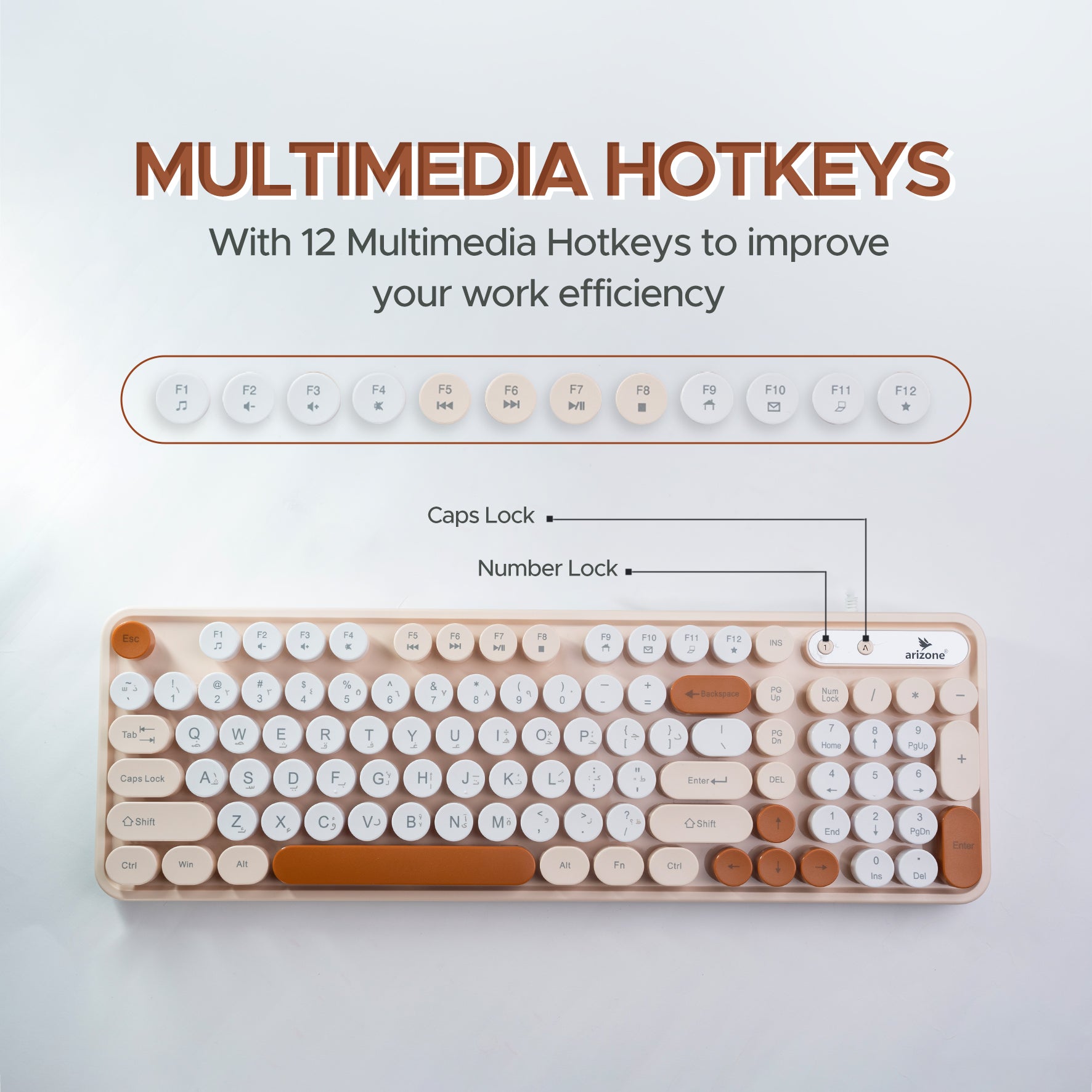 Arizone K92 Wired Keyboard with Round Keys, Multimedia Function Keys, English/Arabic Layout, Swappable Keycaps – USB Plug & Play Keyboard for PC and Laptop