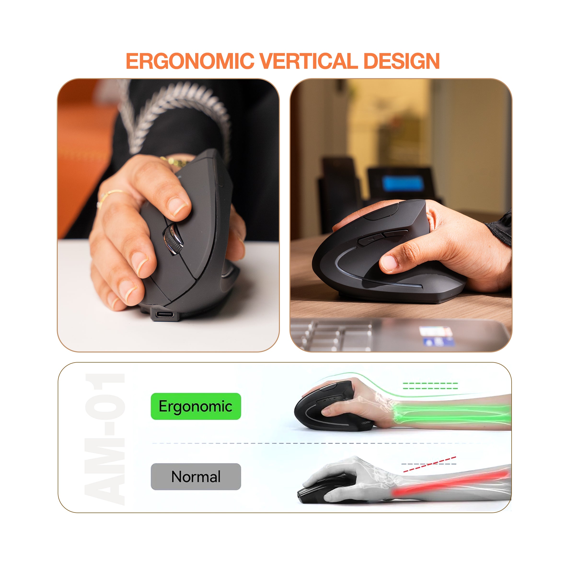 Arizone Vertical Wireless Mouse, Ergonomic 6-Button Mouse with Adjustable DPI, Type-C Rechargeable Silent Mouse for Laptop & PC