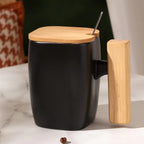 CERAMIC COFFEE MUG WOODEN HANDLE WITH LID SPOON