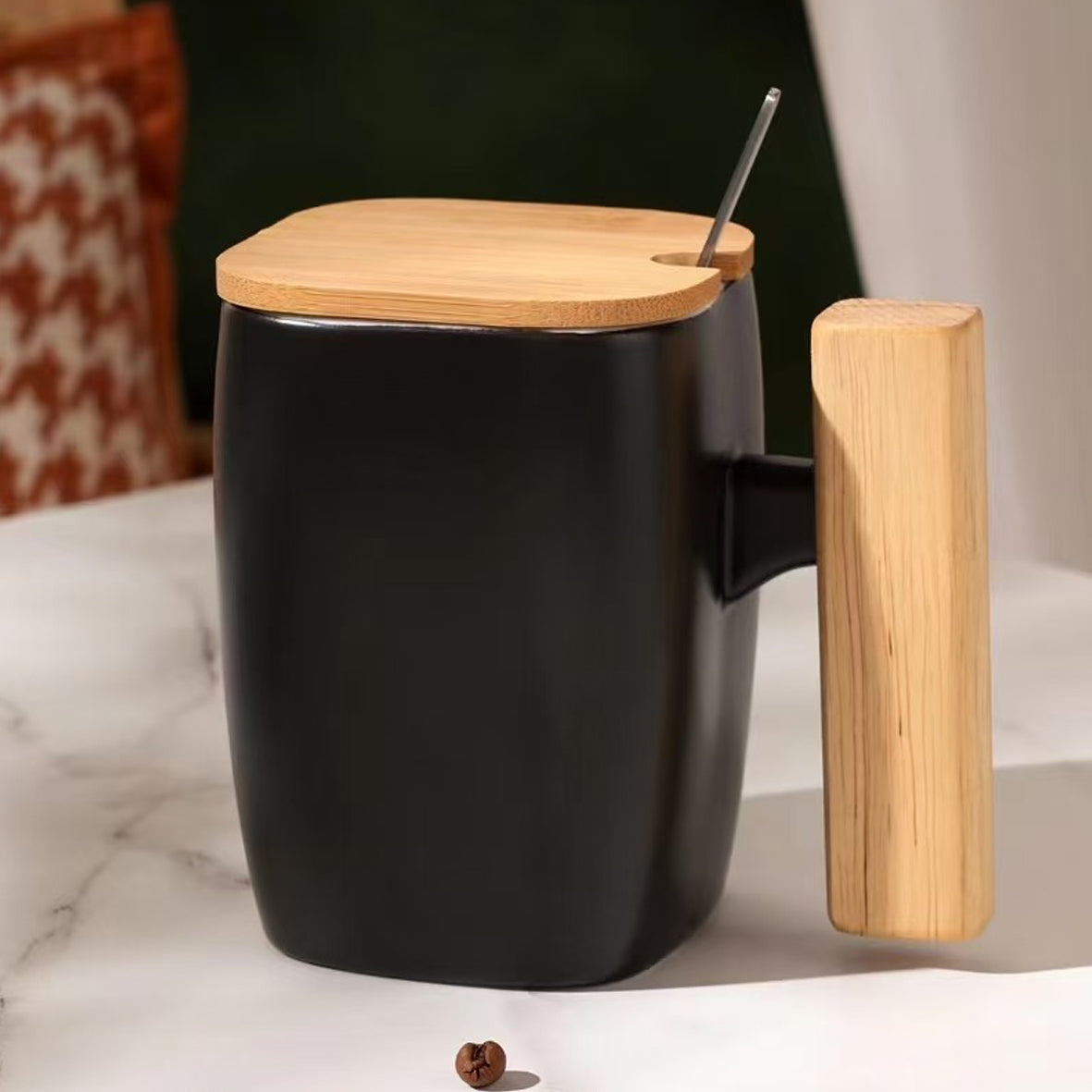 CERAMIC COFFEE MUG WOODEN HANDLE WITH LID SPOON