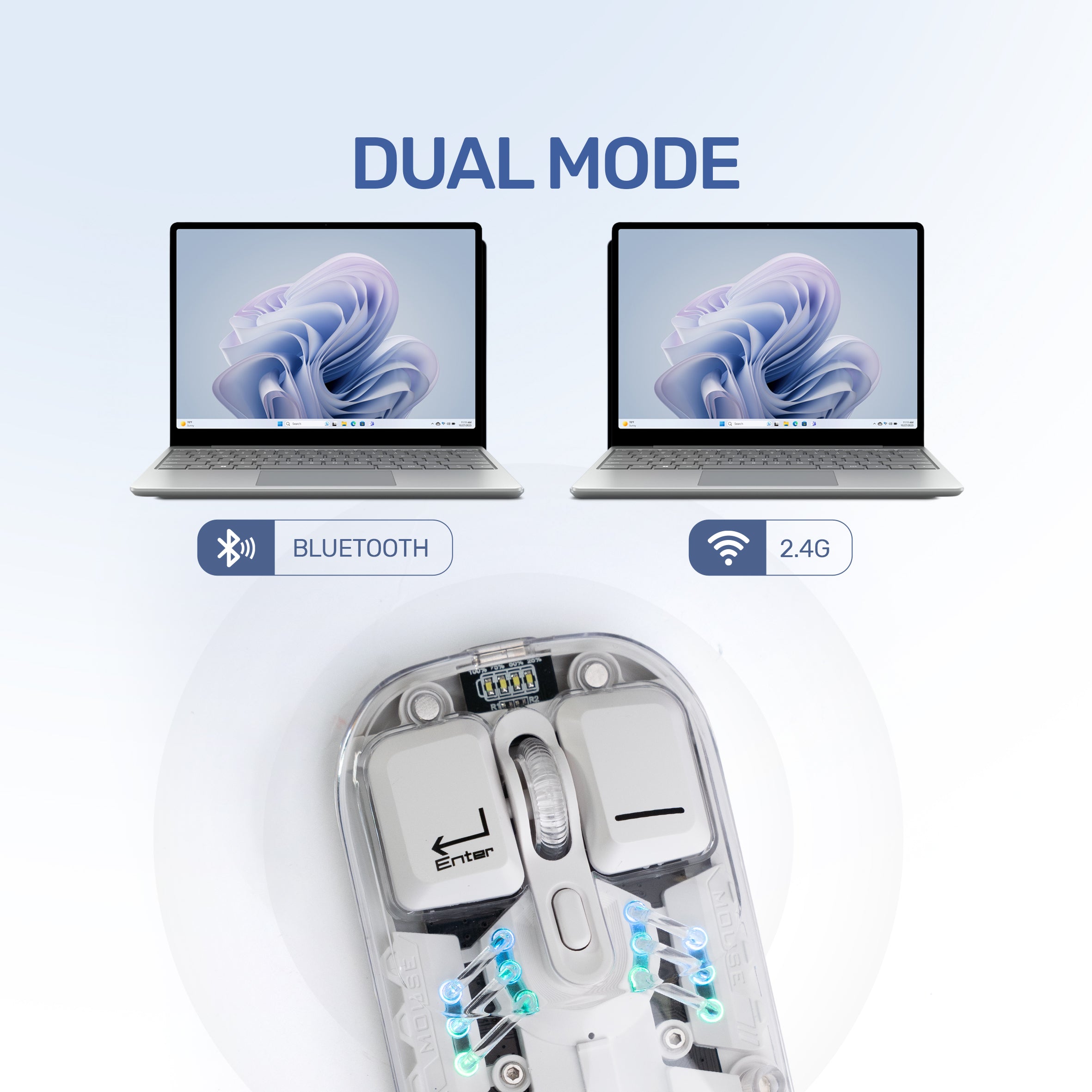 Arizone Dual Mode Wireless Mouse, Bluetooth 5.0 & USB Receiver, Adjustable DPI, Light Mode Switch, Type-C Rechargeable Mouse with Battery Indicator