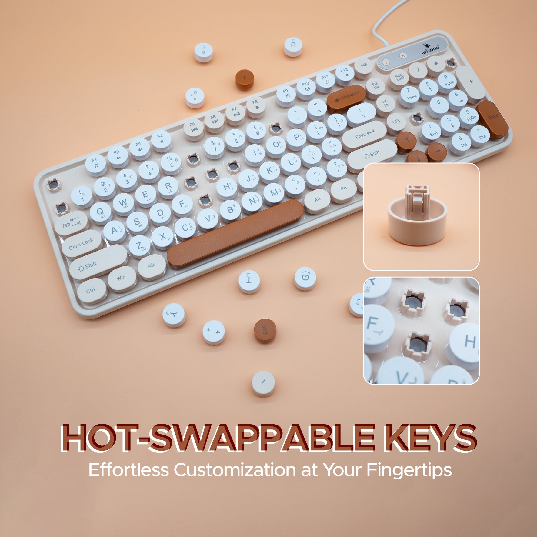 Arizone K92 Wired Keyboard with Round Keys, Multimedia Function Keys, English/Arabic Layout, Swappable Keycaps – USB Plug & Play Keyboard for PC and Laptop