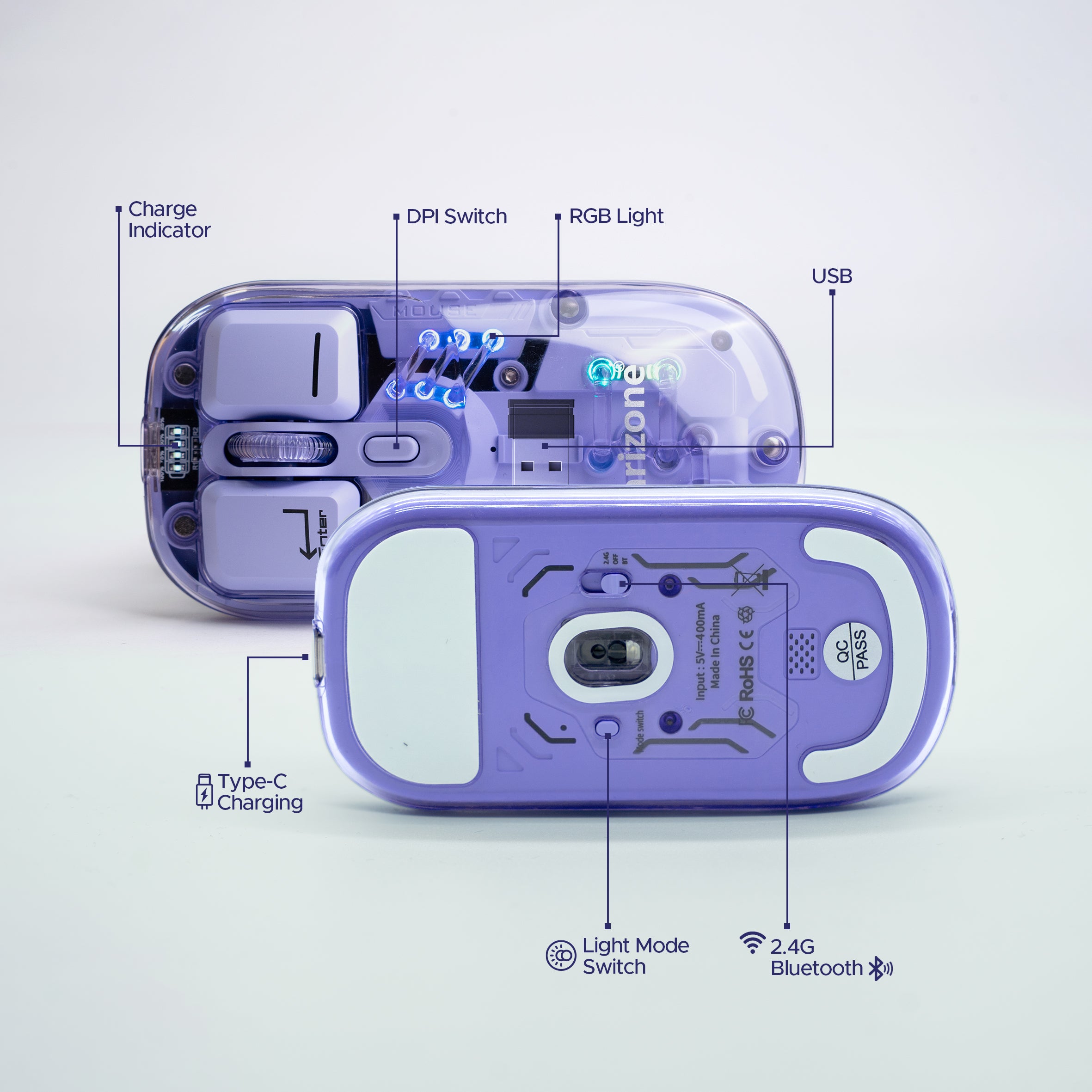 Arizone Dual Mode Wireless Mouse, Bluetooth 5.0 & USB Receiver, Adjustable DPI, Light Mode Switch, Type-C Rechargeable Mouse with Battery Indicator