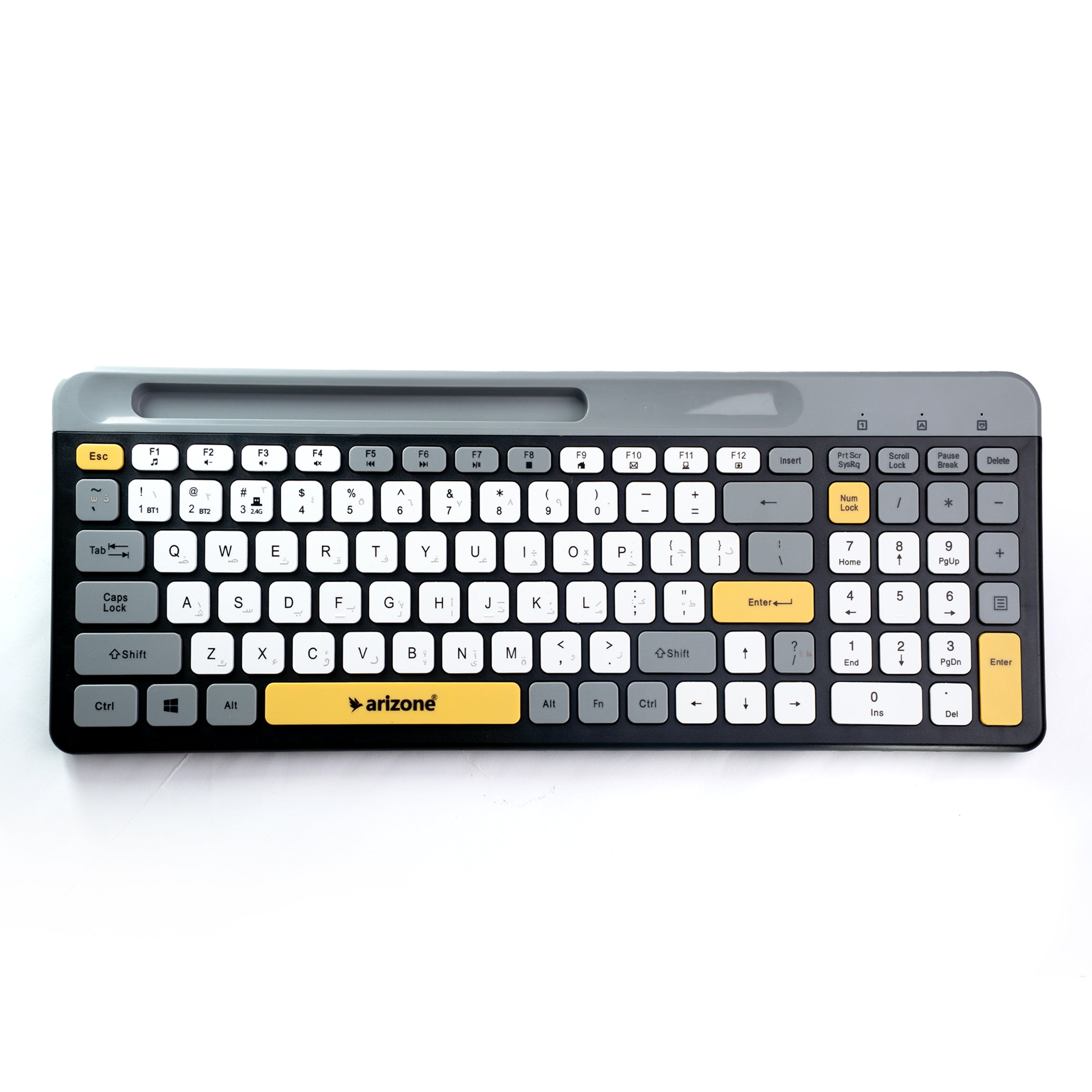Arizone BK-037 Wireless Keyboard with Bluetooth & 2.4GHz Dual Channel, 100 Keys, Arabic/English Layout, Slim Design with Mobile Phone Holder