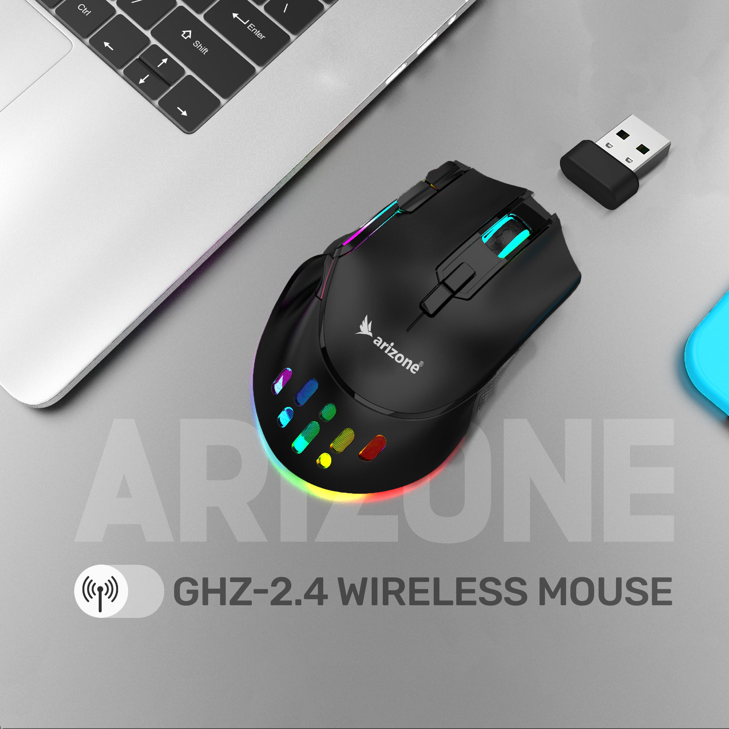 Arizone Dual Mode Wireless Mouse with Bluetooth & 2.4GHz, DPI Adjustment, Mute Click, Light Mode Switch, and Forward/Backward Buttons