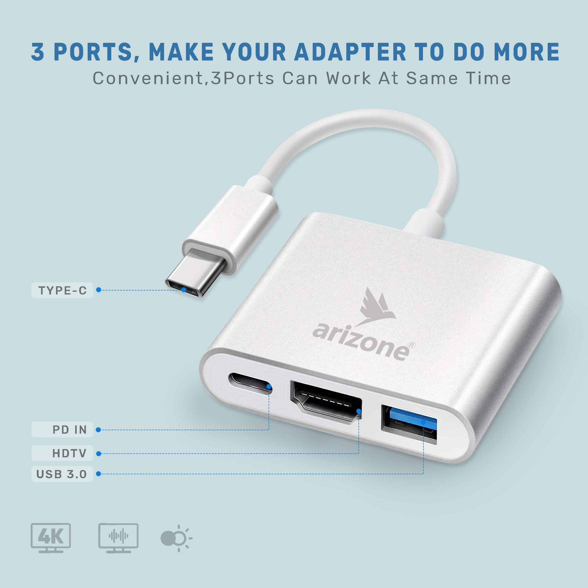 محول أريزون من النوع C إلى HDTV+USB3.0+PD