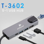 موزع USB T-3602 من Arizone® (5 في 1) 1*USB 3.0/1*USB 2.0/HDMI/RJ45/USB-C PD 100Mbps