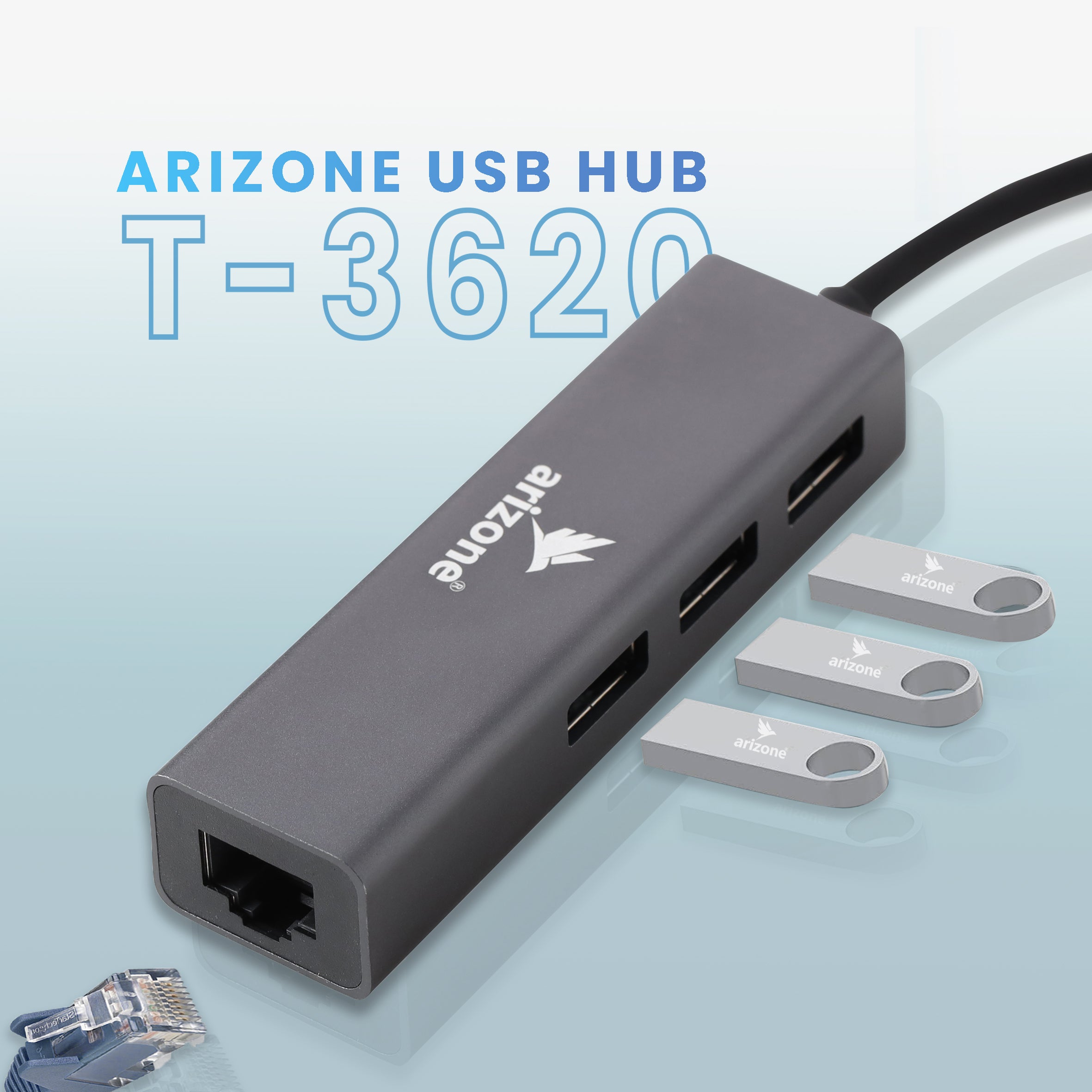 موزع USB T-3620 من Arizone® (موزع 3 منافذ + شبكة محلية) 1*USB 3.0/2*USB 2.0/RJ45 بسرعة 100 ميجابت في الثانية