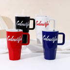 CERAMIC LARGE COFFEE MUG WITH LID AND STRAW