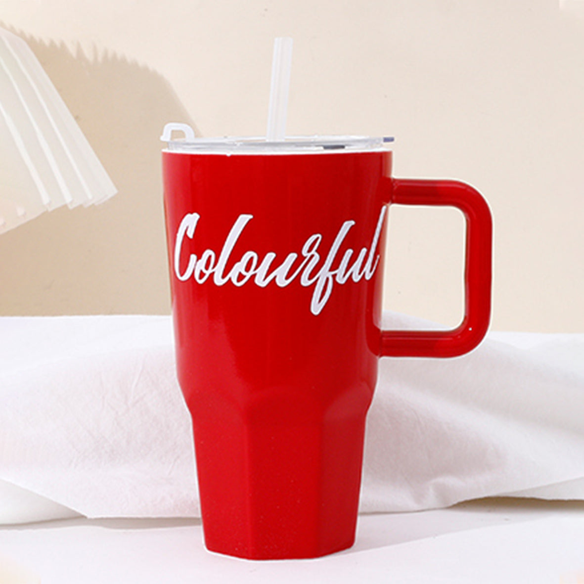 CERAMIC LARGE COFFEE MUG WITH LID AND STRAW