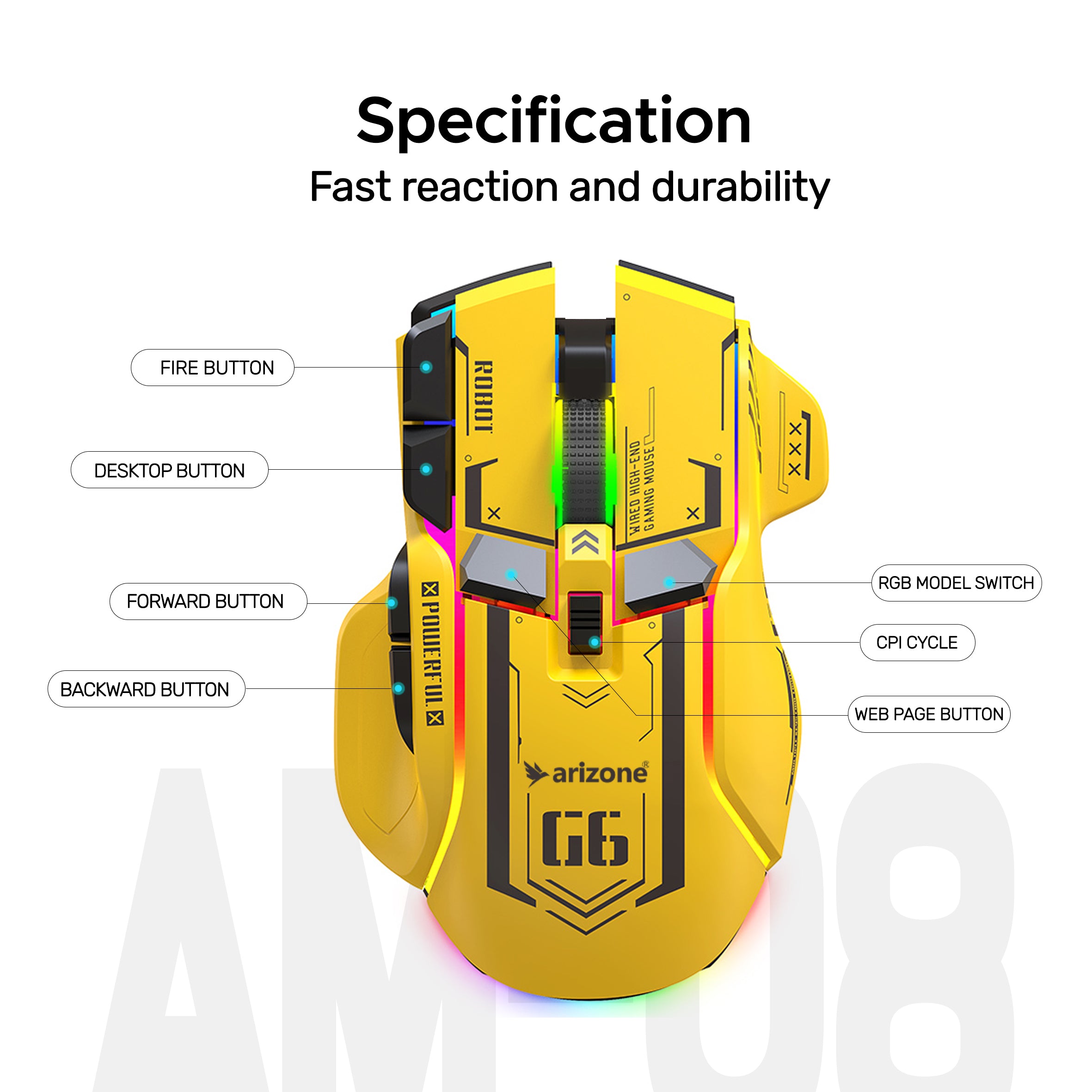 Arizone Tri-Mode Gaming Mouse with RGB Light, Fire Button, CPI Cycle, Bluetooth & 2.4GHz Wireless, USB Type-C Rechargeable Mouse with Forward/Backward Buttons Secondary image