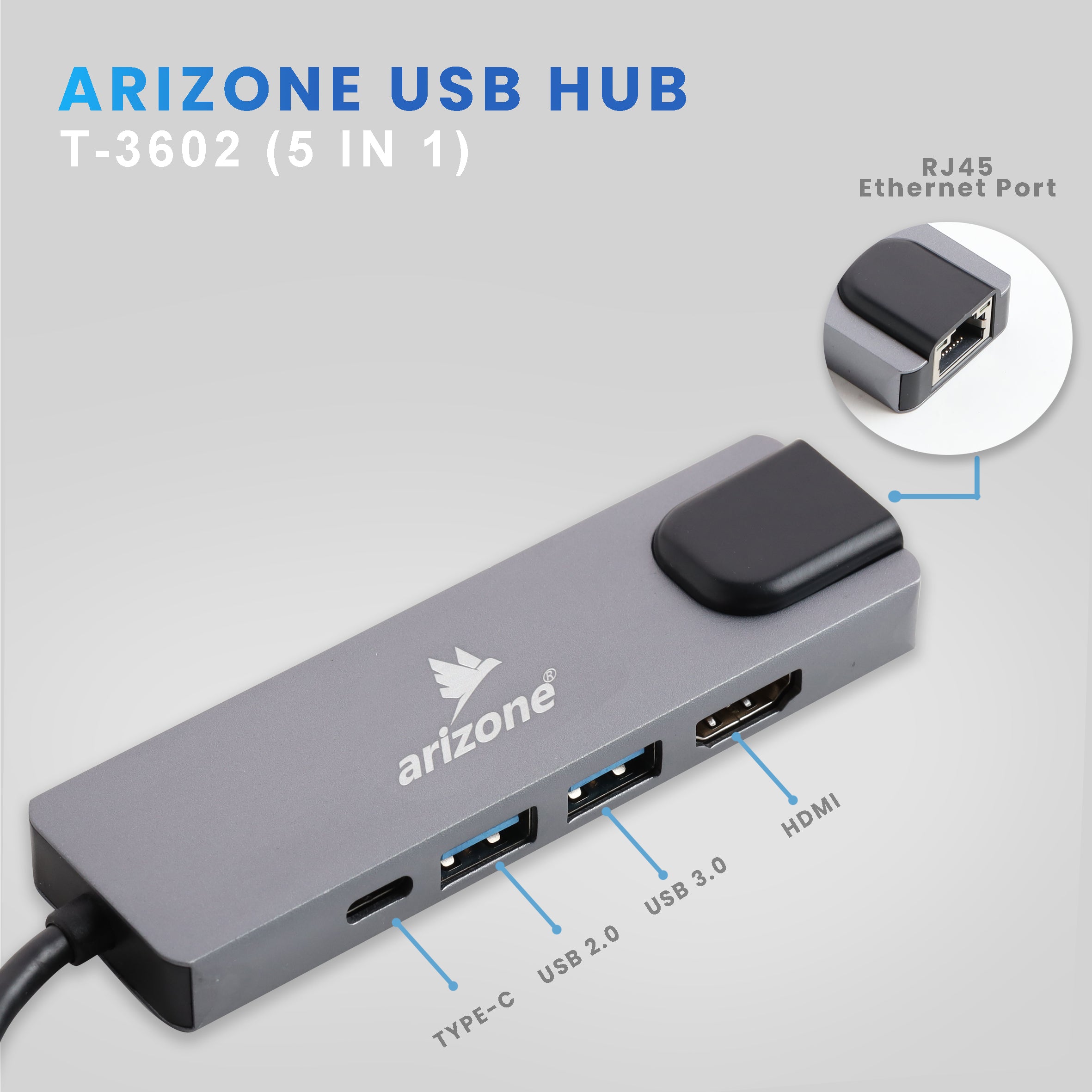 موزع USB T-3602 من Arizone® (5 في 1) 1*USB 3.0/1*USB 2.0/HDMI/RJ45/USB-C PD 100Mbps