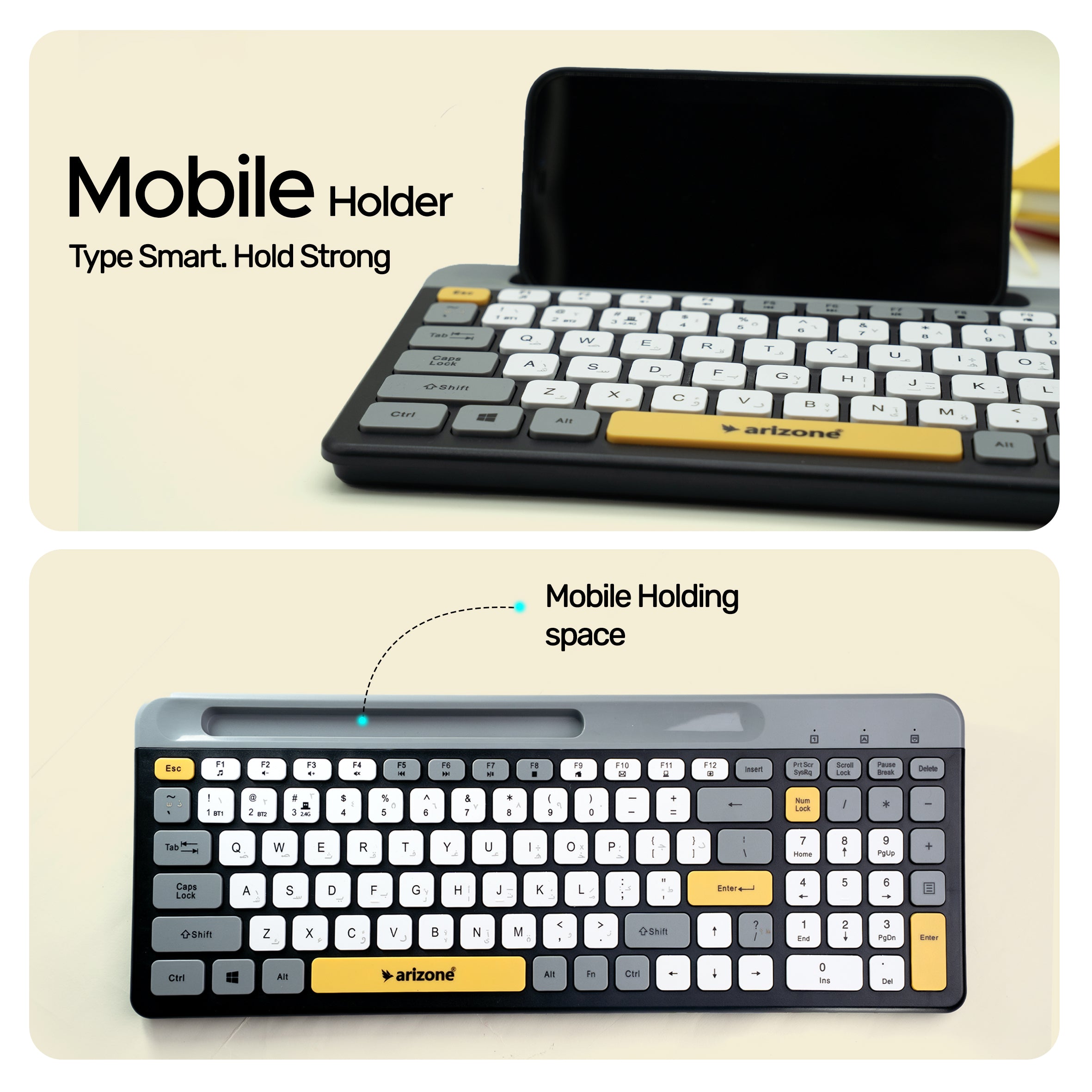 Arizone BK-037 Wireless Keyboard with Bluetooth & 2.4GHz Dual Channel, 100 Keys, Arabic/English Layout, Slim Design with Mobile Phone Holder