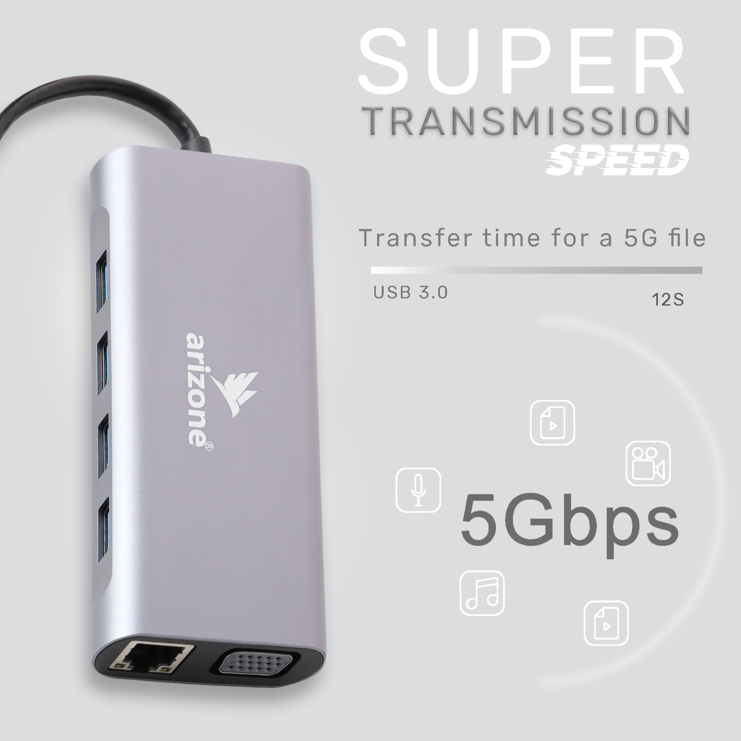 موزع USB T-1101 من Arizone® (11 في 1) 1*USB 3.0/3*USB 2.0/HDMI/RJ45/VGA/USB C PD/SD TF/3.5 مم بسرعة 100 ميجابت في الثانية