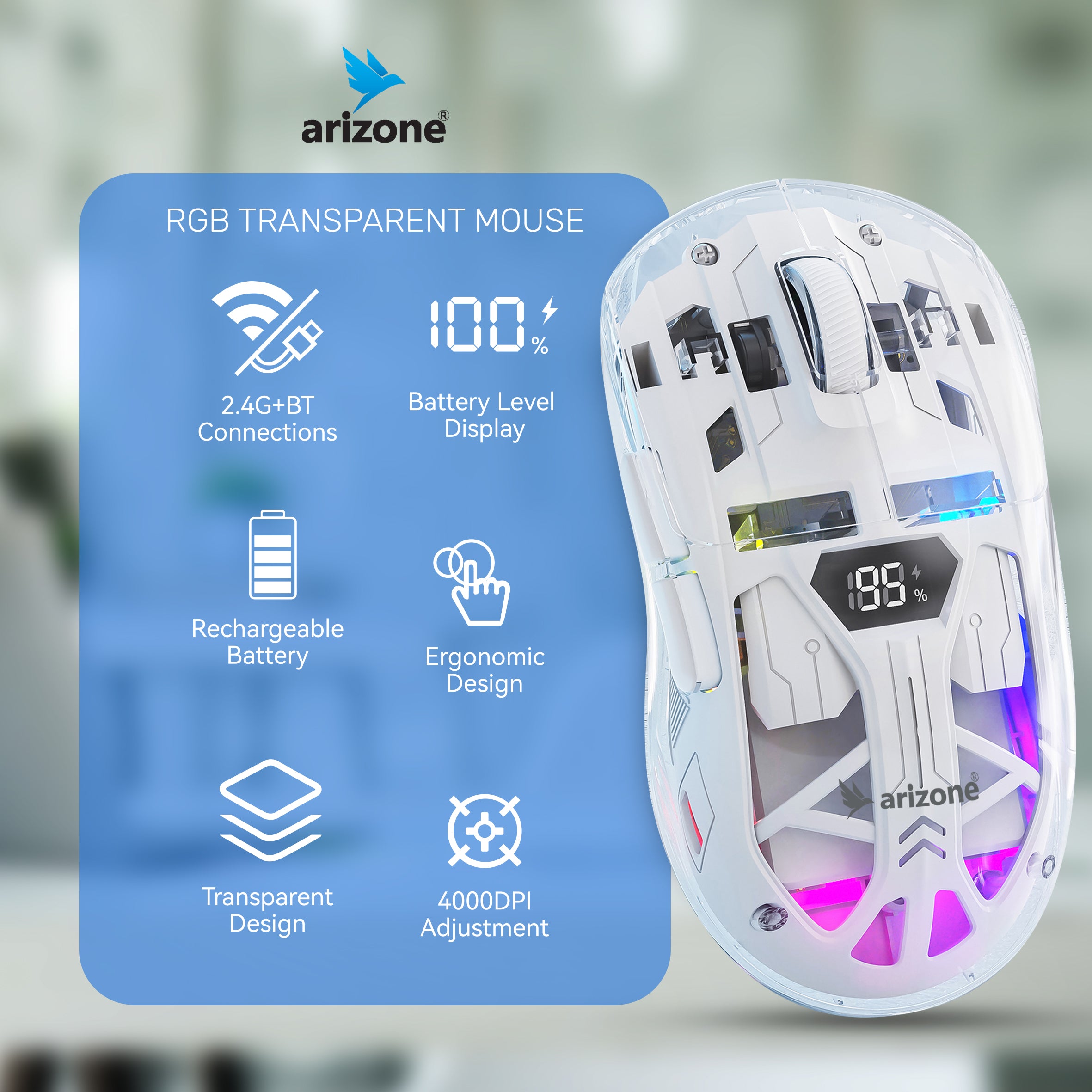 Arizone Wireless Mouse with Bluetooth & 2.4GHz, Rechargeable Type-C Charging, DPI Adjustment, Battery Indicator, Light Mode Switch, Forward/Backward Buttons Secondary image