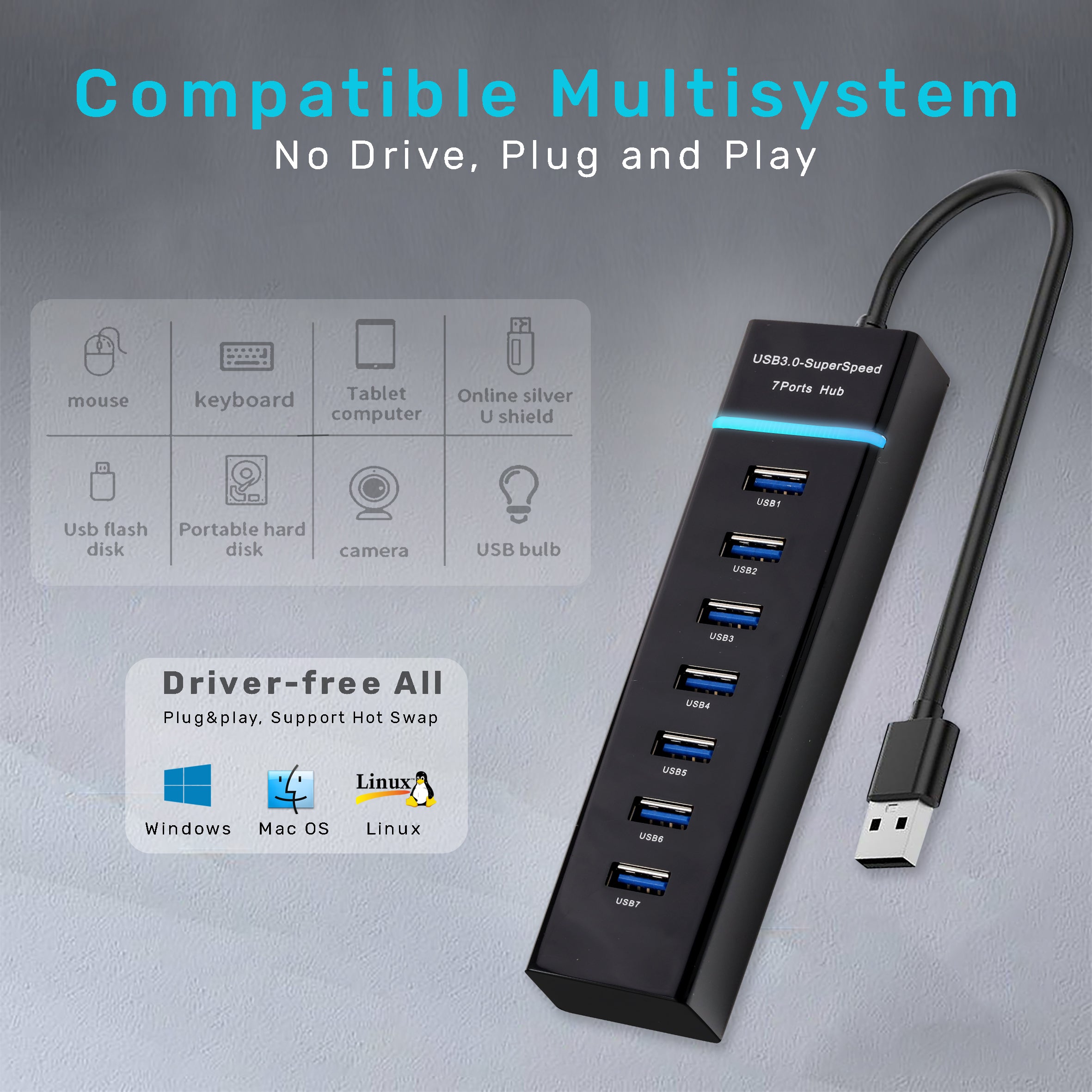 موزع USB ARIZONE 307 مزود بـ 7 منافذ بسرعة 5 جيجابت في الثانية