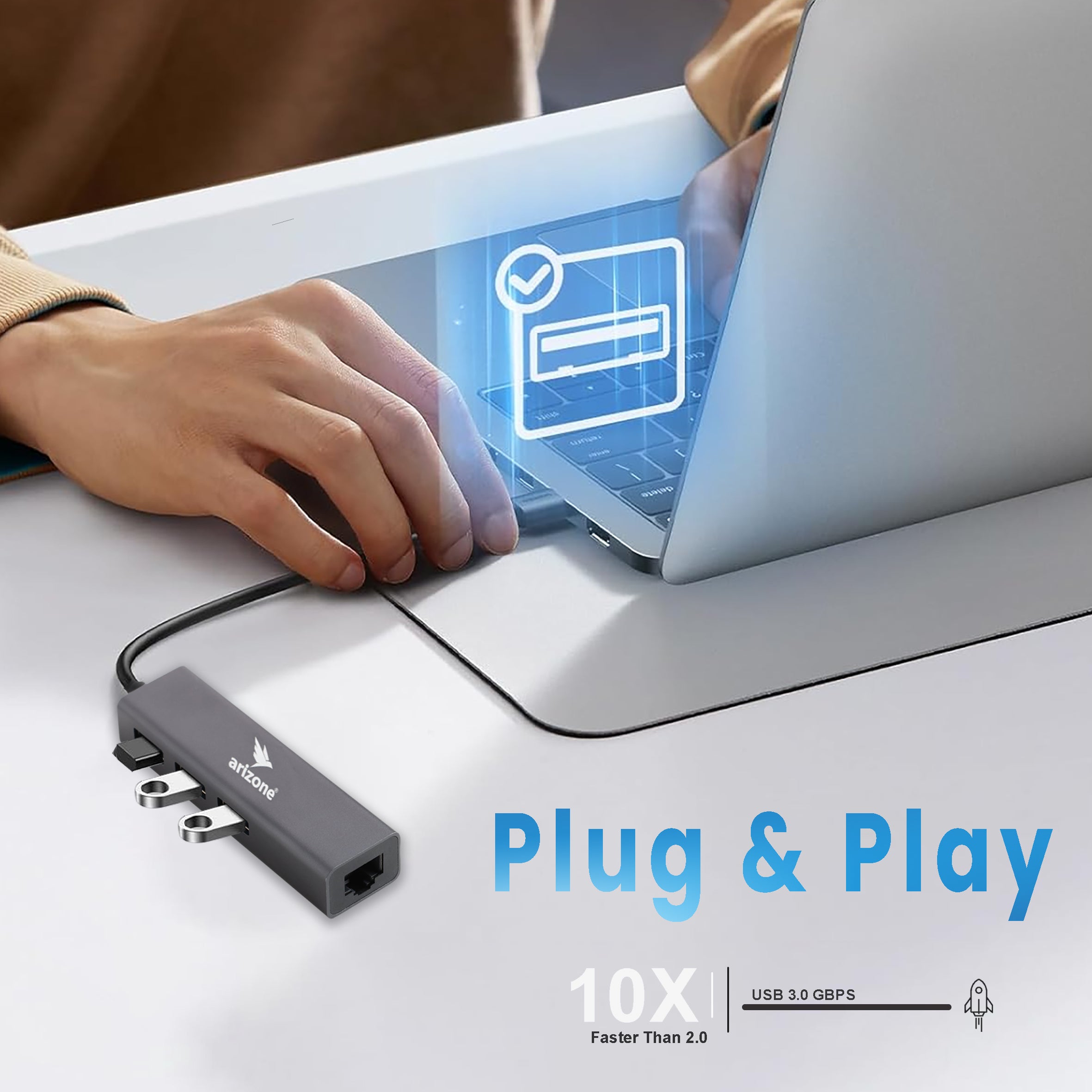 موزع USB T-3620 من Arizone® (موزع 3 منافذ + شبكة محلية) 1*USB 3.0/2*USB 2.0/RJ45 بسرعة 100 ميجابت في الثانية