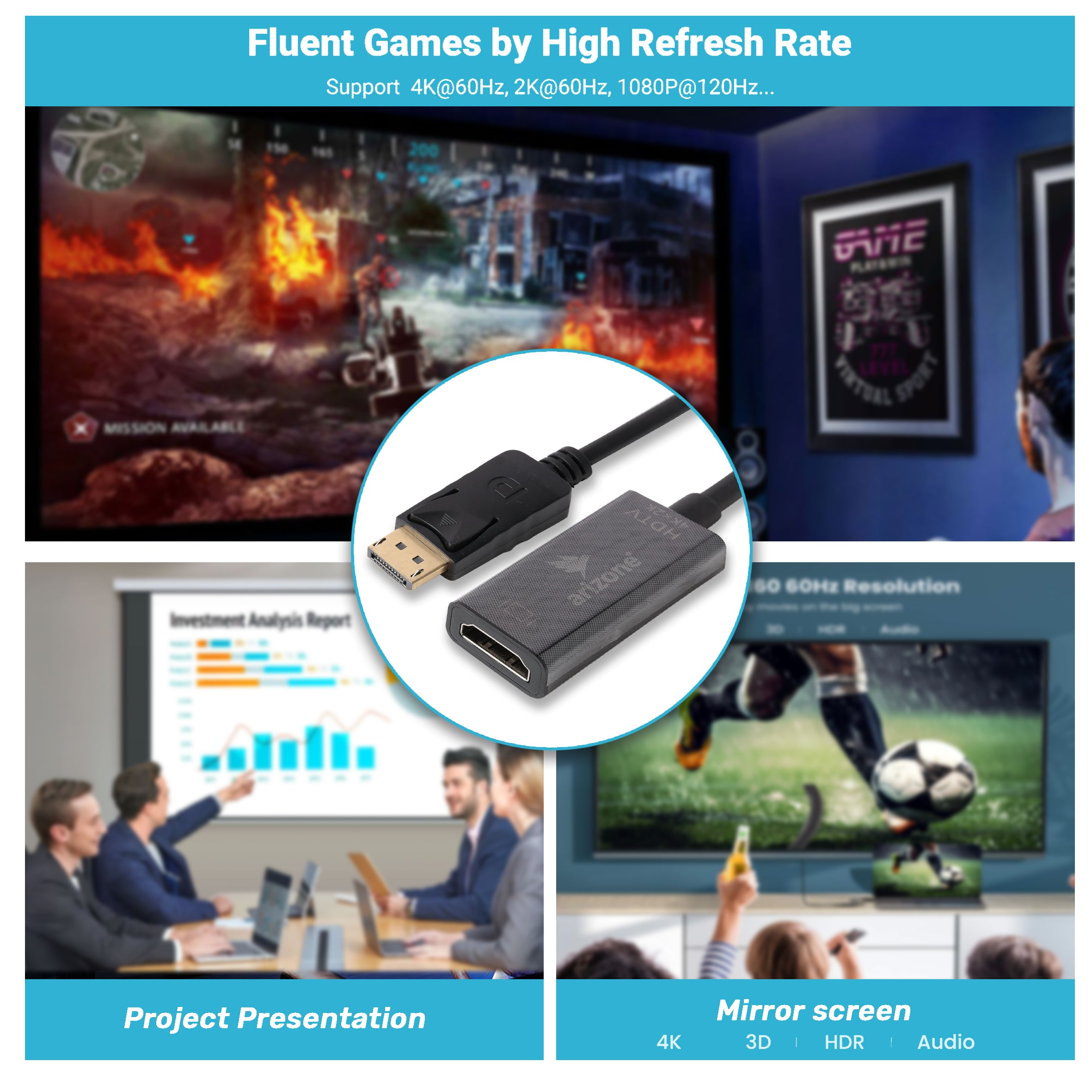محول ARIZONE DisplayPort إلى HDMI 4K، (2K 60Hz، 1080p 120HZ) محول شاشة DP إلى HDMI عالي السرعة