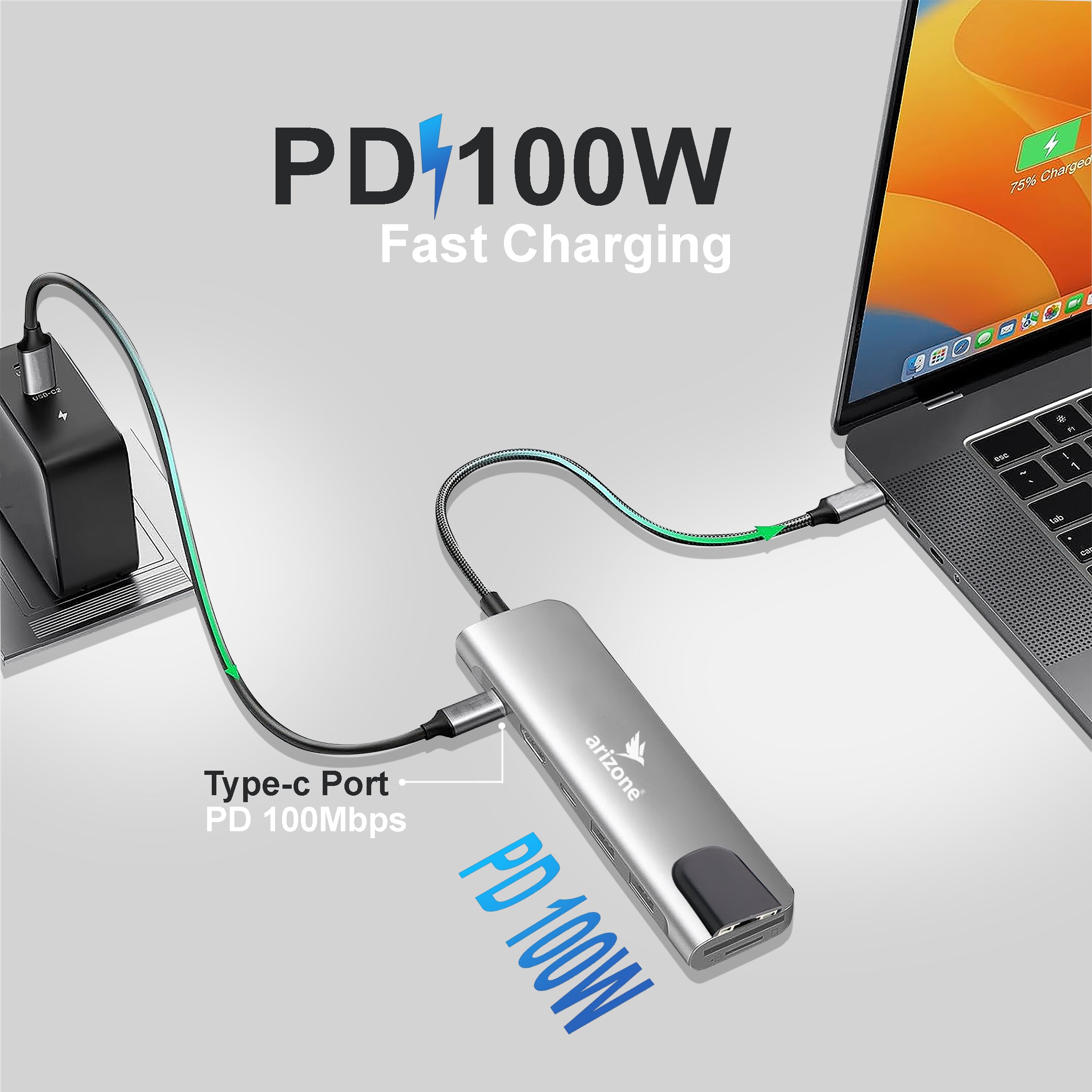 موزع USB T-3602 من Arizone® (5 في 1) 1*USB 3.0/1*USB 2.0/HDMI/RJ45/USB-C PD 100Mbps