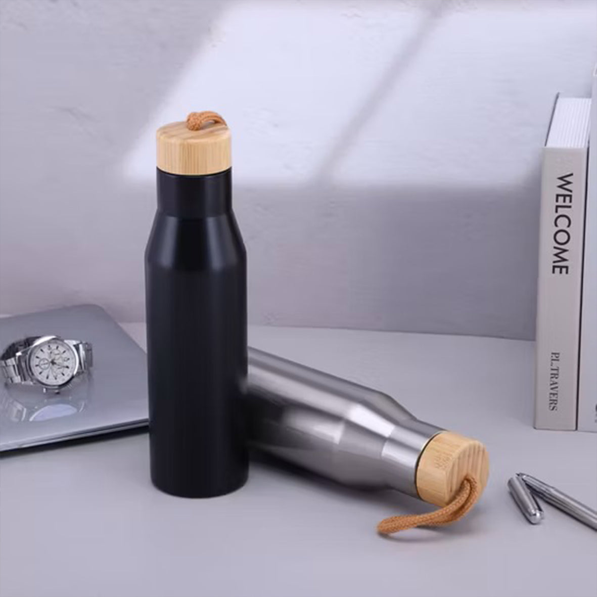 STAINLESS STEEL SPORTS WATER BOTTLE WITH BAMBOO LID