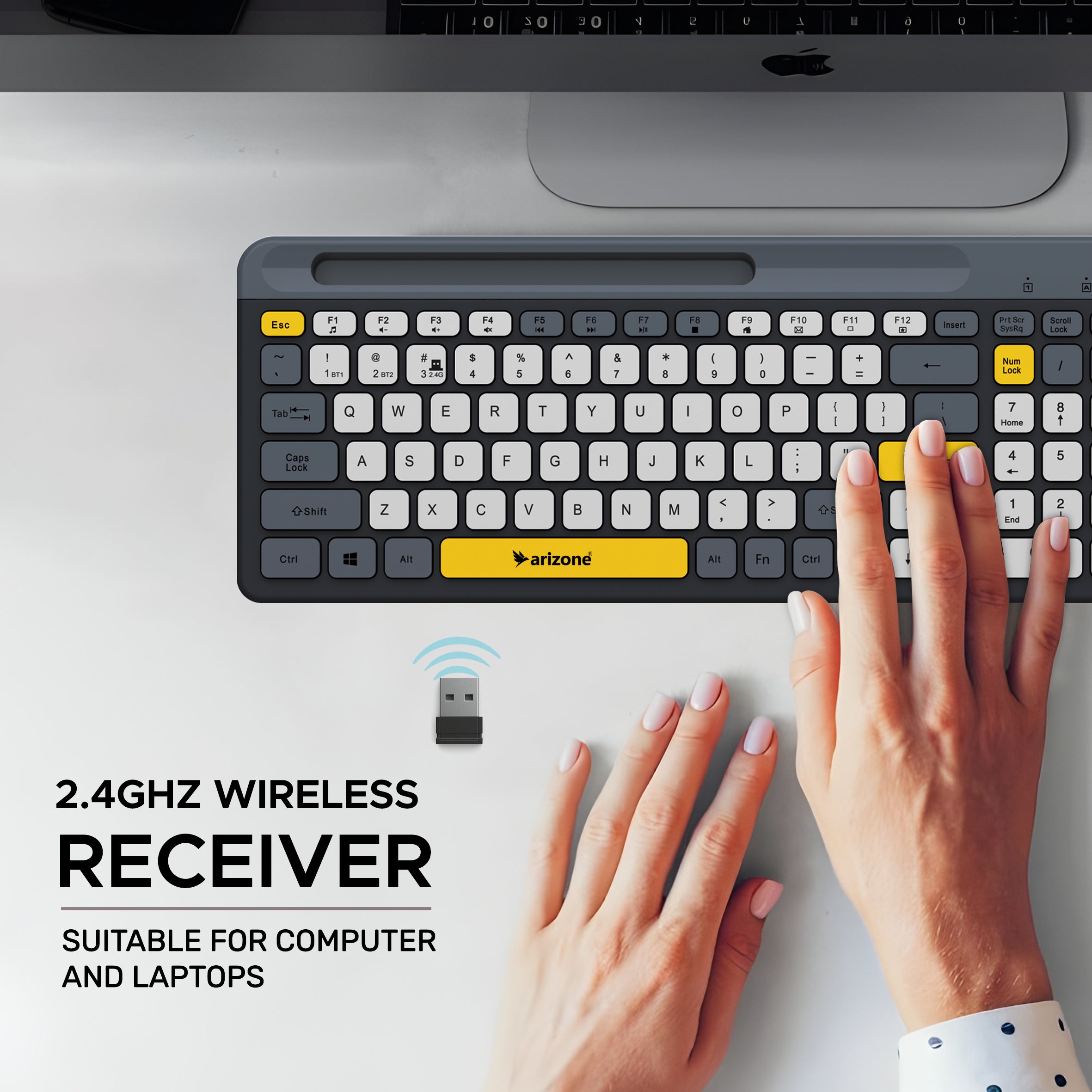 Arizone BK-037 Wireless Keyboard with Bluetooth & 2.4GHz Dual Channel, 100 Keys, Arabic/English Layout, Slim Design with Mobile Phone Holder