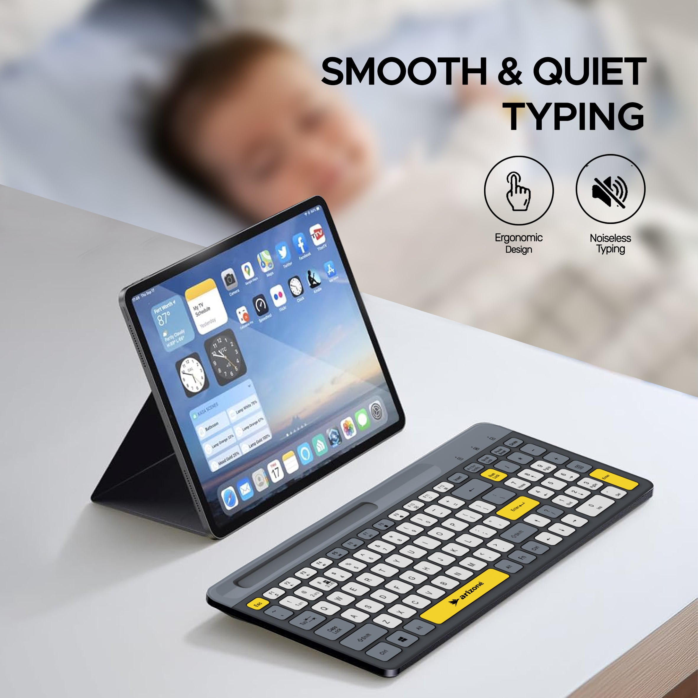 Arizone BK-037 Wireless Keyboard with Bluetooth & 2.4GHz Dual Channel, 100 Keys, Arabic/English Layout, Slim Design with Mobile Phone Holder