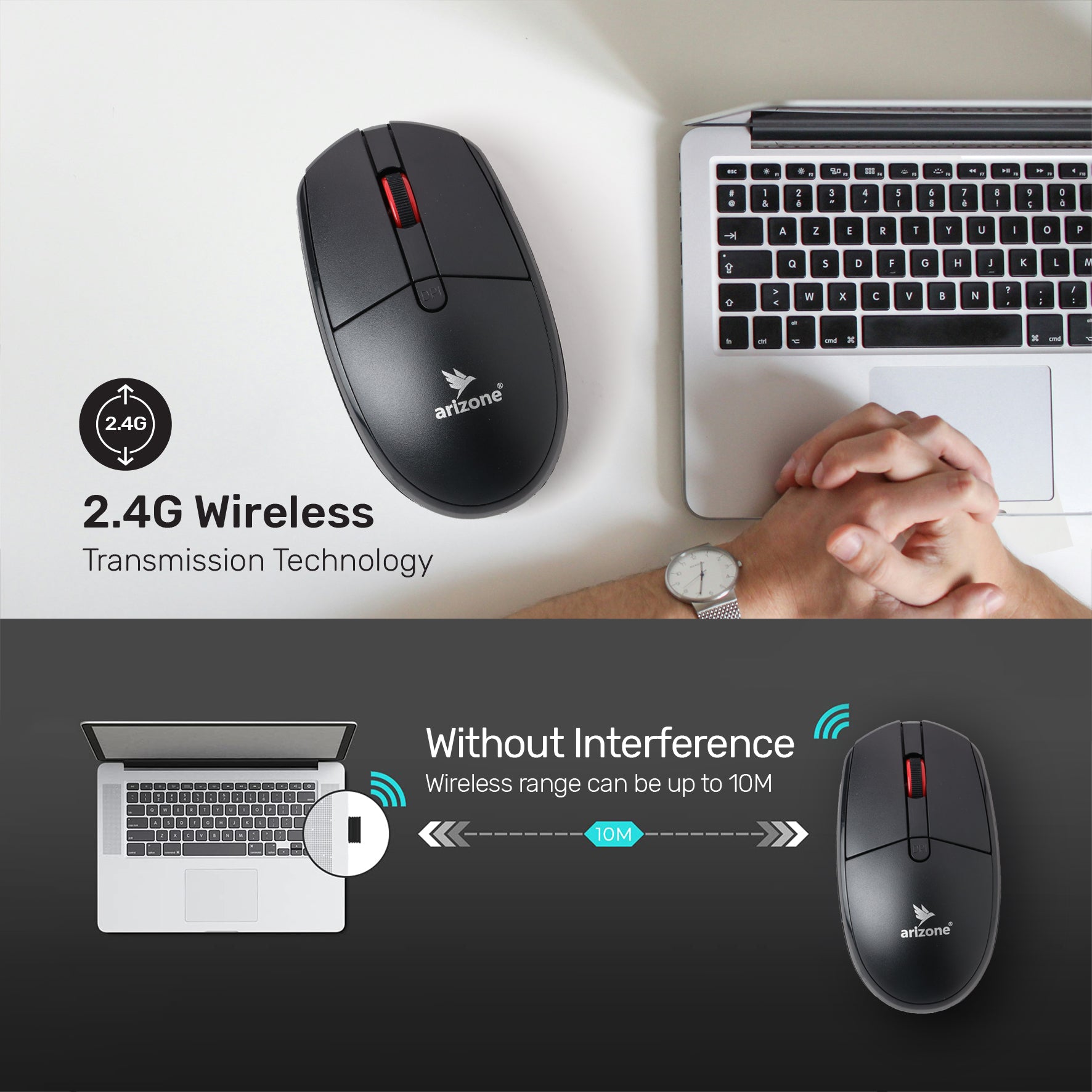 Arizone® 1000PRO USB Reliable Wireless Connection Mute and Silent Mouse