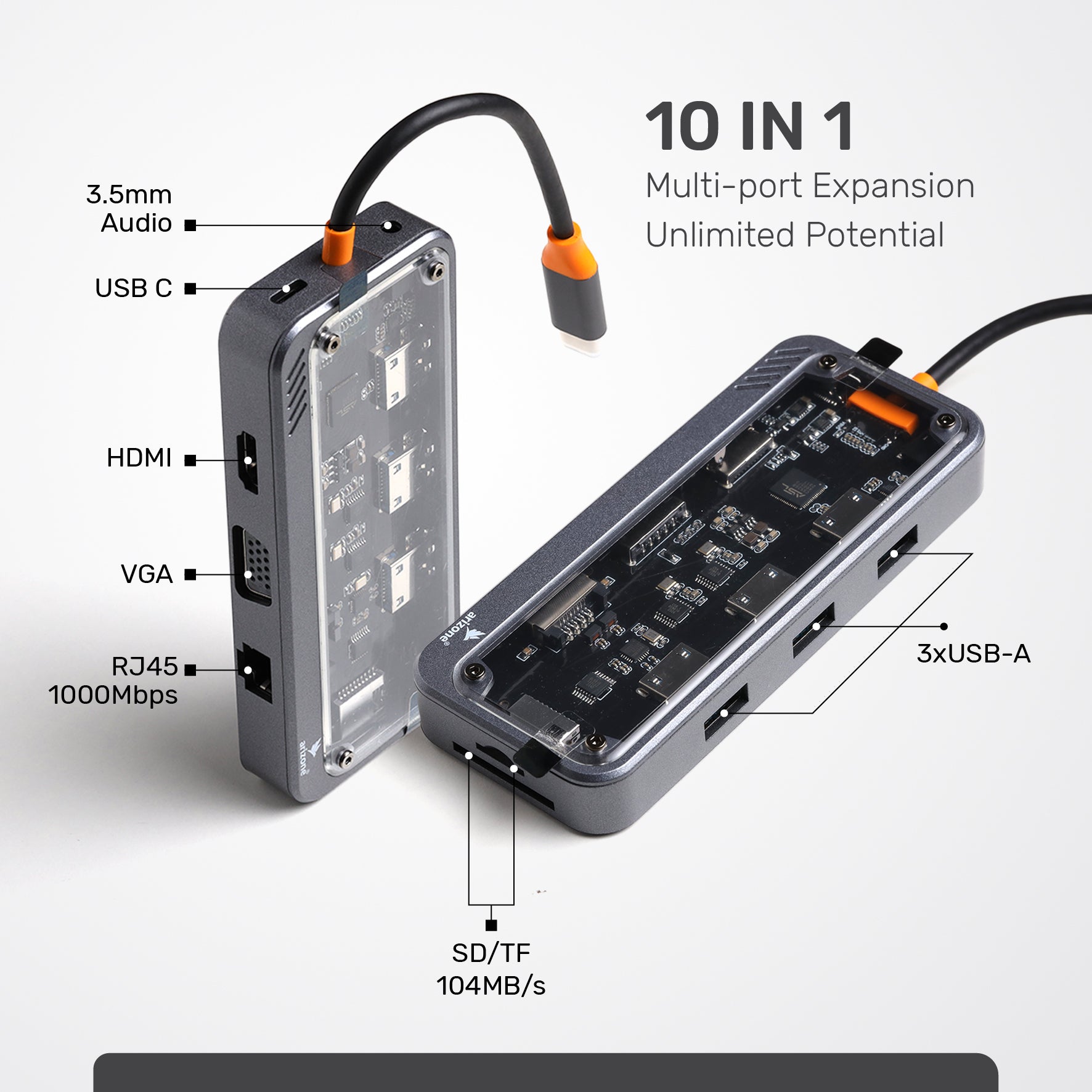 موزع USB Arizone® SW10V (10 في 1) 1*USB 3.0/2*USB 2.0/HDMI/RJ45/VGA/USB-C PD/SD/TF/3.5 مم 100 ميجابت في الثانية