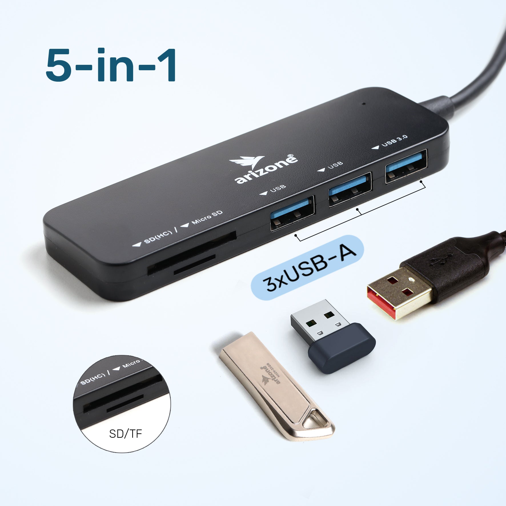 Arizone® USB HUB XL-5016 (5 PORT COMBO) 1*USB 3.0/2*USB 2.0/1*SD/1*TF