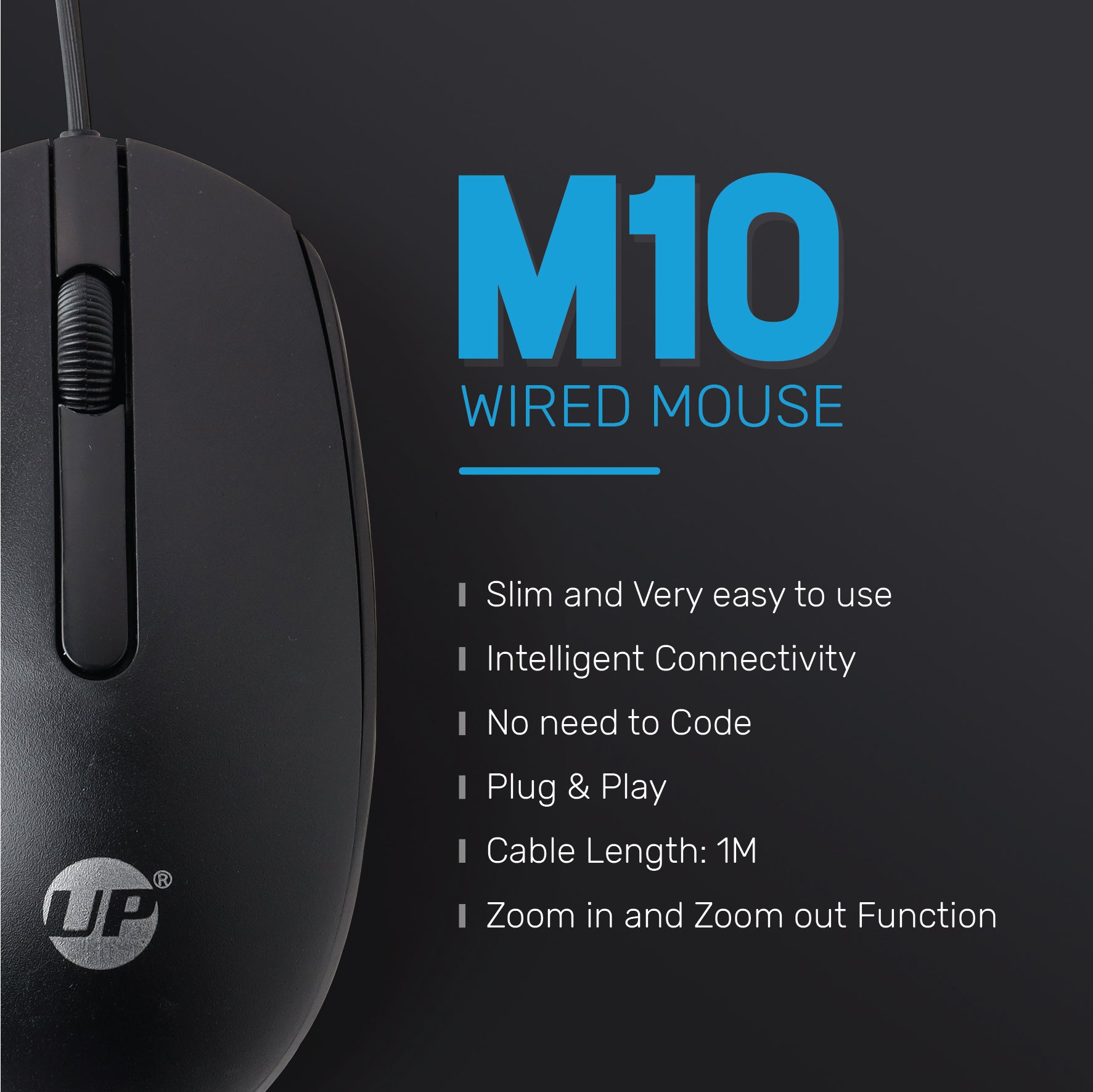 UP M10 Wired, USB Optical Mouse, Black