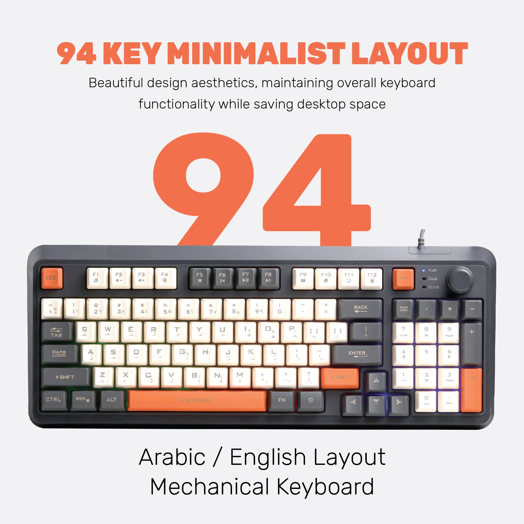 لوحة مفاتيح ألعاب Arizone®، سلكية RGB K90 مع 94 مفتاحًا ومقبض تحكم مستقل في مستوى الصوت. لوحة مفاتيح صغيرة الحجم للاعبي الكمبيوتر الشخصي/Mac، والكاتب، والسفر، وسهلة الحمل في الرحلات Secondary image