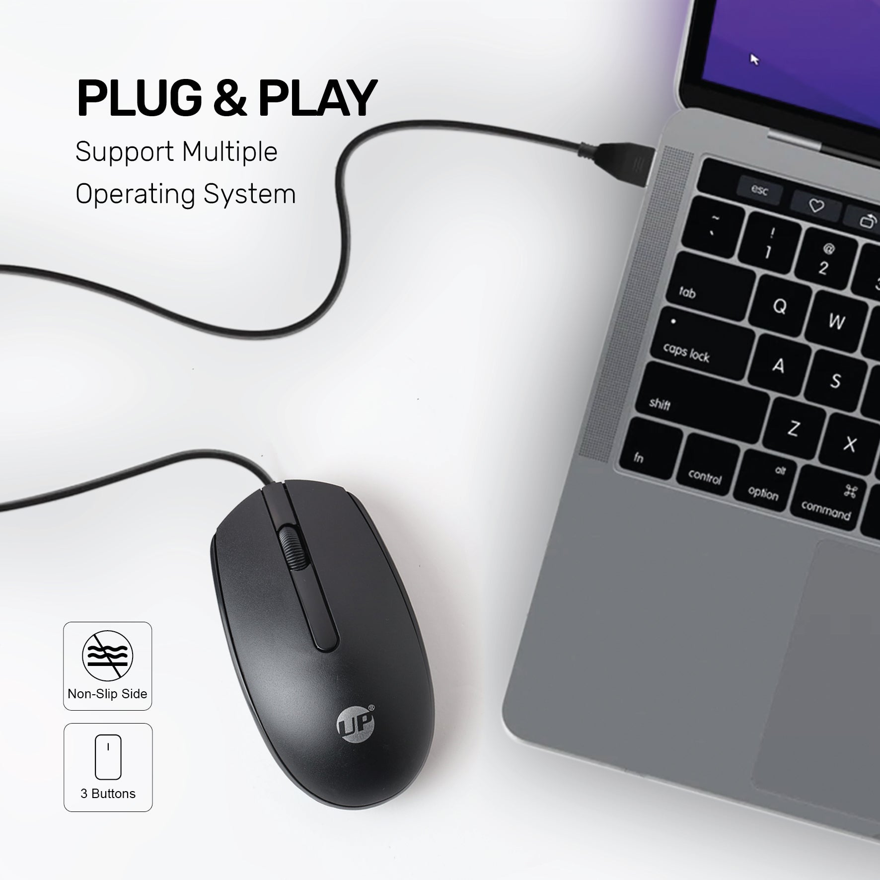 UP M10 Wired, USB Optical Mouse, Black