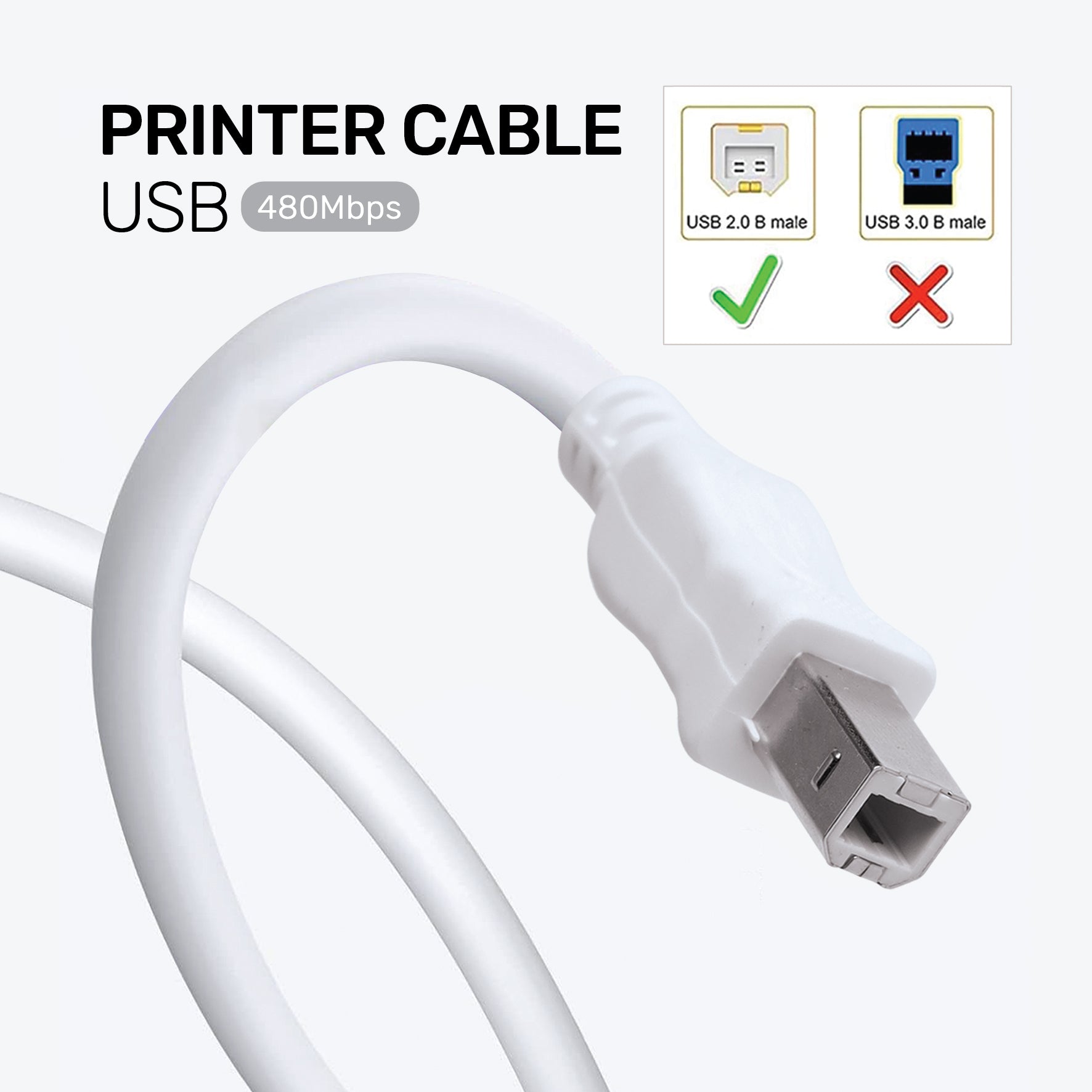 ARIZONE CABLE PRINTER USB WHITE High Speed Cable Printer for HP, Canon, Scanner Cable A USB Male to B Printer Male (Compatible with Computer, Printer, White)