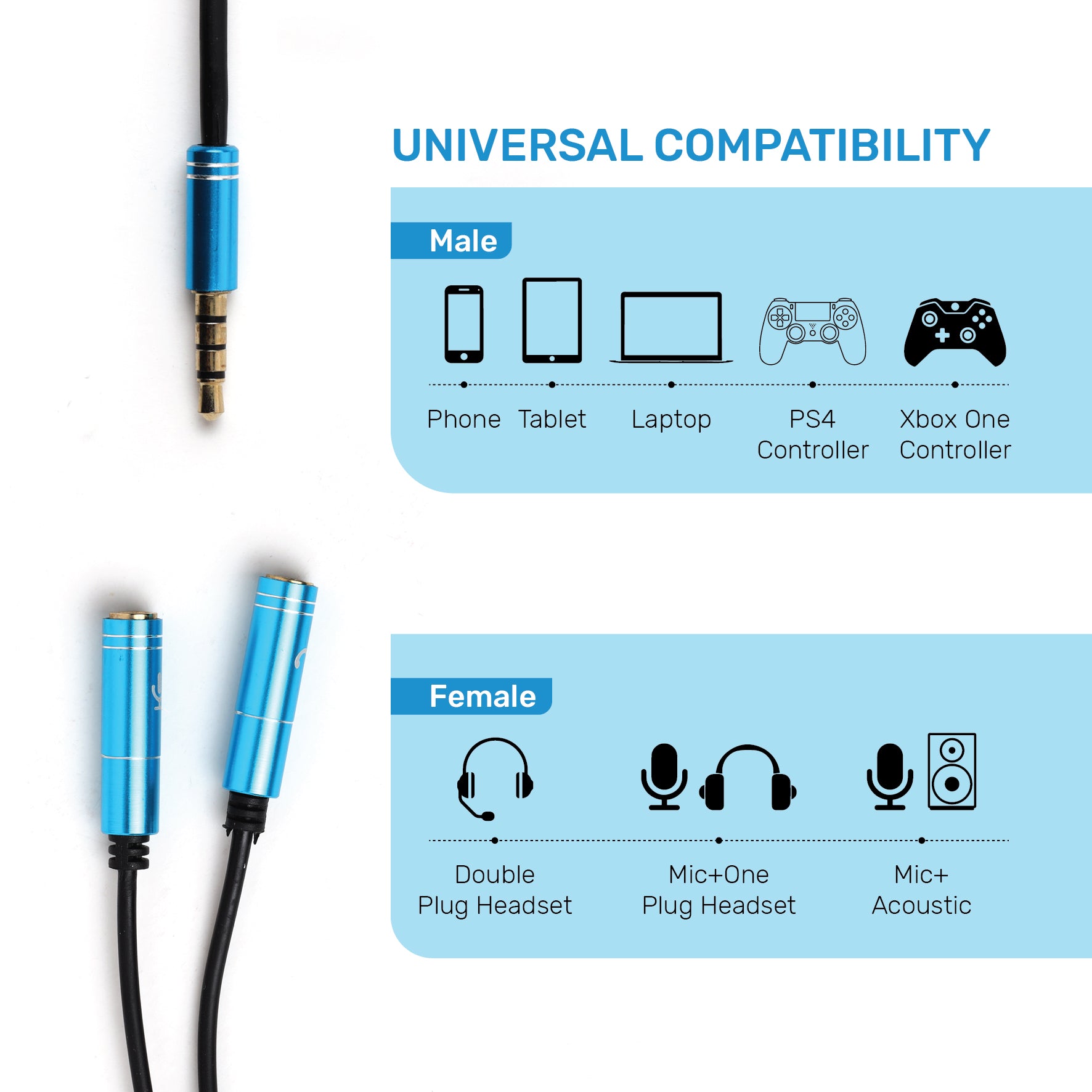 ARIZONE AUDIO CABLE MICROPHONE EARPHONE 30CM AUX 3.5M/2*3.5F BLK Microphone 3.5mm Stereo Audio Male to 2 Female Headphone Mic Splitter Audio Adapter for PS4/PS5 Laptop- 0.2M Black