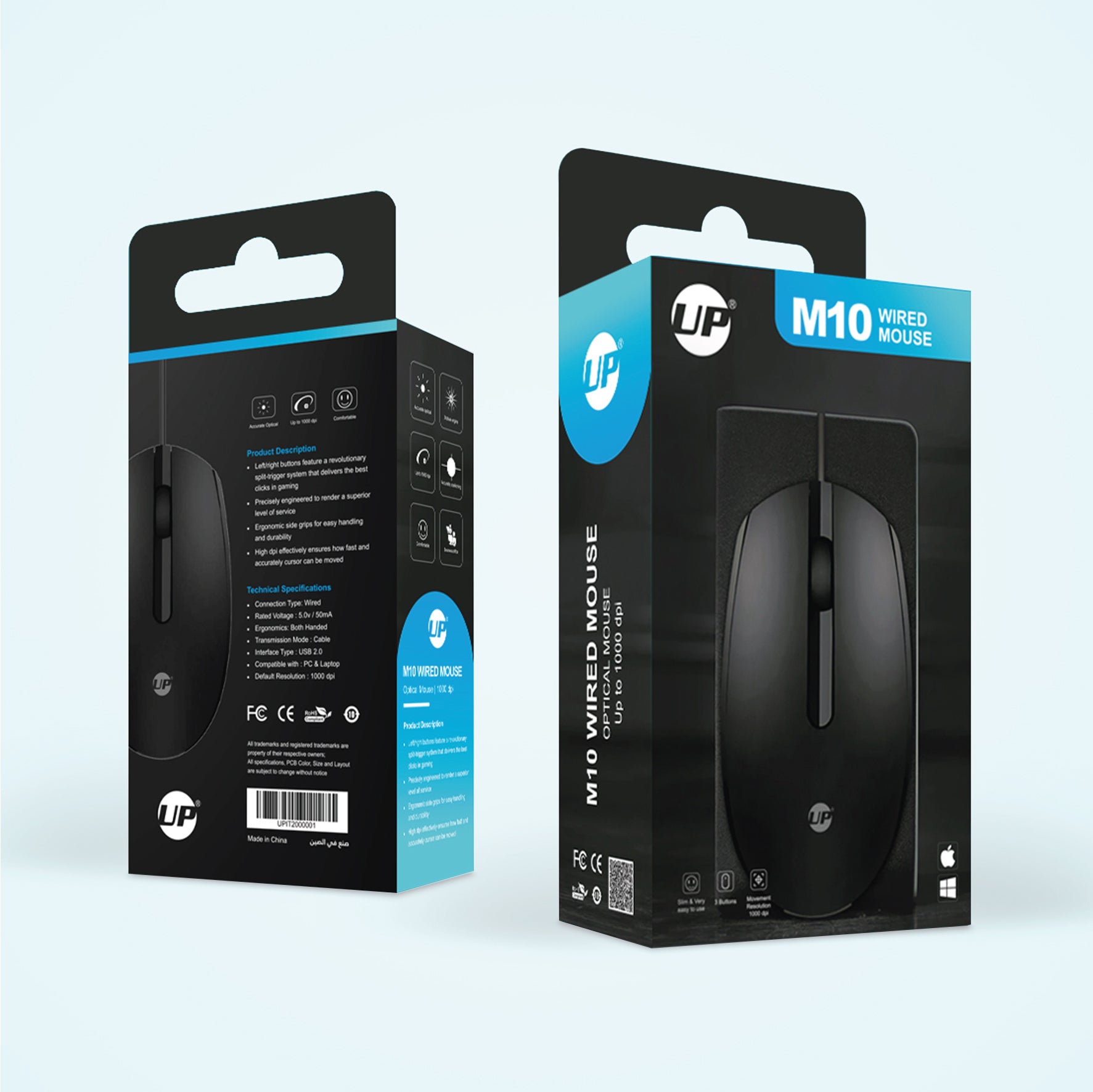 UP M10 Wired, USB Optical Mouse, Black