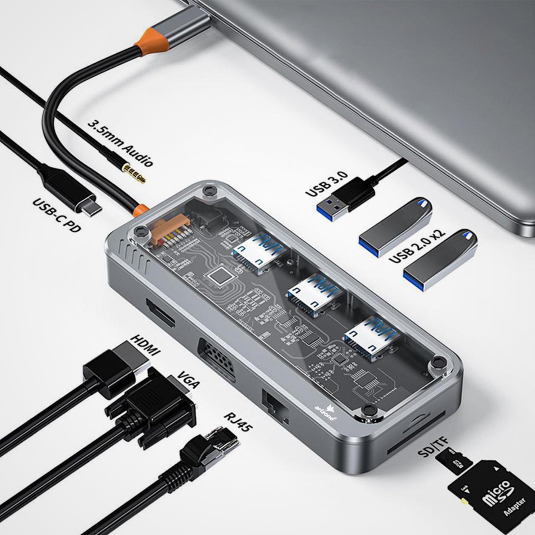 موزع USB Arizone® SW10V (10 في 1) 1*USB 3.0/2*USB 2.0/HDMI/RJ45/VGA/USB-C PD/SD/TF/3.5 مم 100 ميجابت في الثانية
