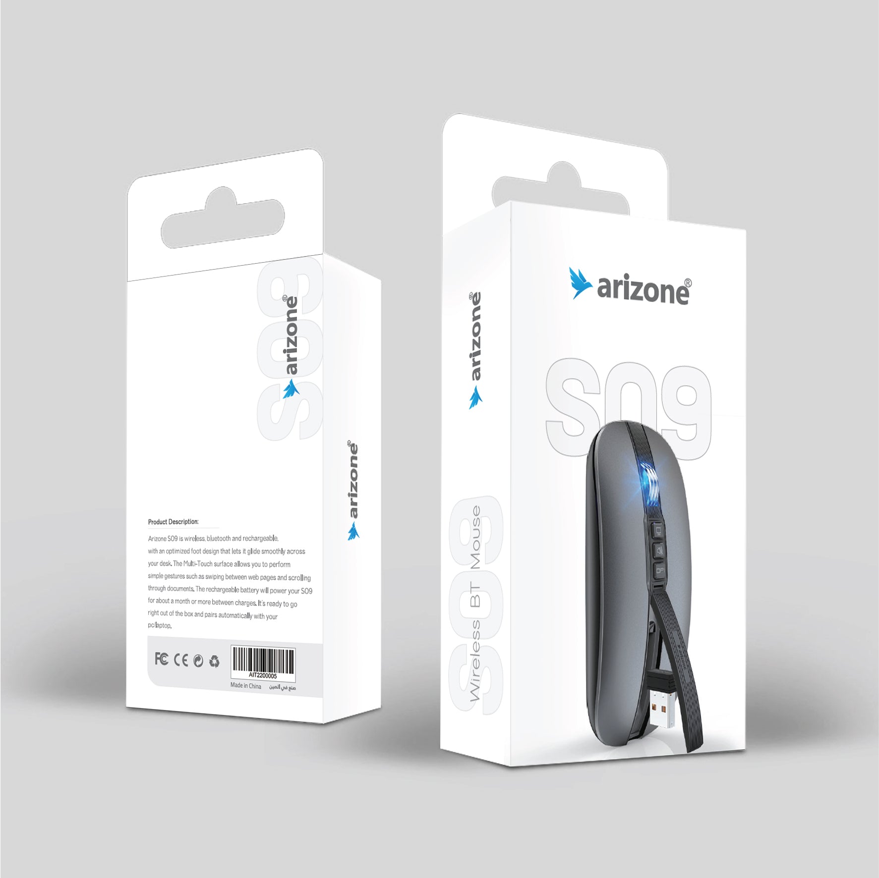 ماوس Arizone® اللاسلكي S09 مع محول USB 2.4 جيجاهرتز وبلوتوث وفأرة تمرير فائقة السرعة للكمبيوتر اللوحي