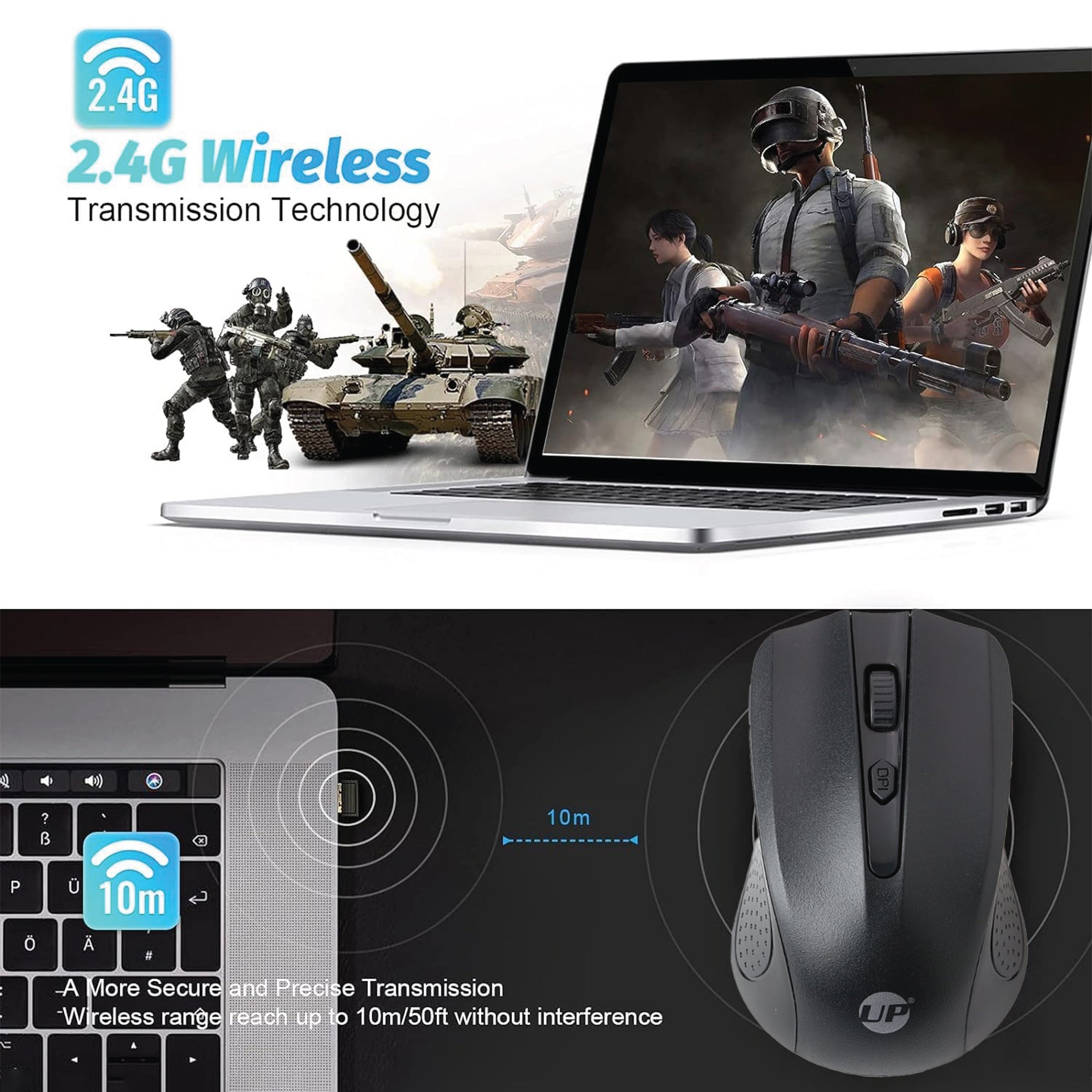 UP M15Wireless Rechargeable Mouse with Mouse, USB Computer Mouse for Laptop, PC, Chromebook, Notebook, Silent Click, 15M Wireless Connection Mouse Black