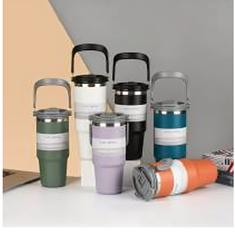 PORTABLE STAINLESS STEEL TRAVEL CUP WITH LID & HANDLE