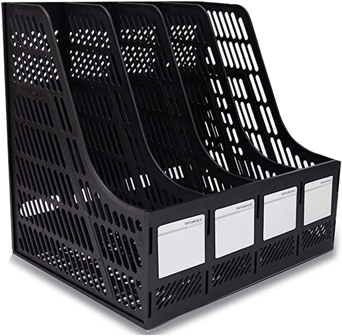 Sayeec Sturdy Desktop 4 Section Magazine Plastic Holders Frames File Dividers Document Cabinet Rack Display and Storage Organiser Box Black