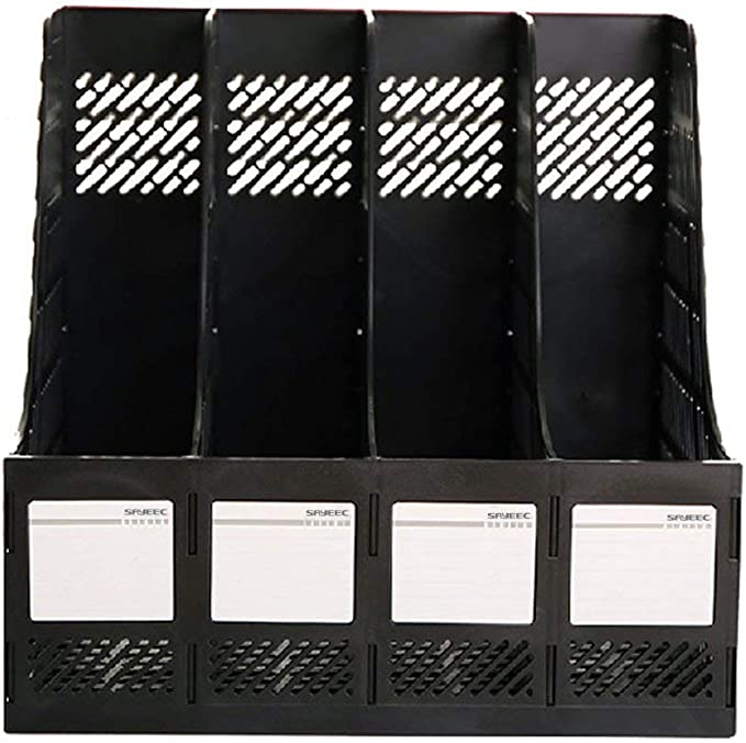 Sayeec Sturdy Desktop 4 Section Magazine Plastic Holders Frames File Dividers Document Cabinet Rack Display and Storage Organiser Box Black